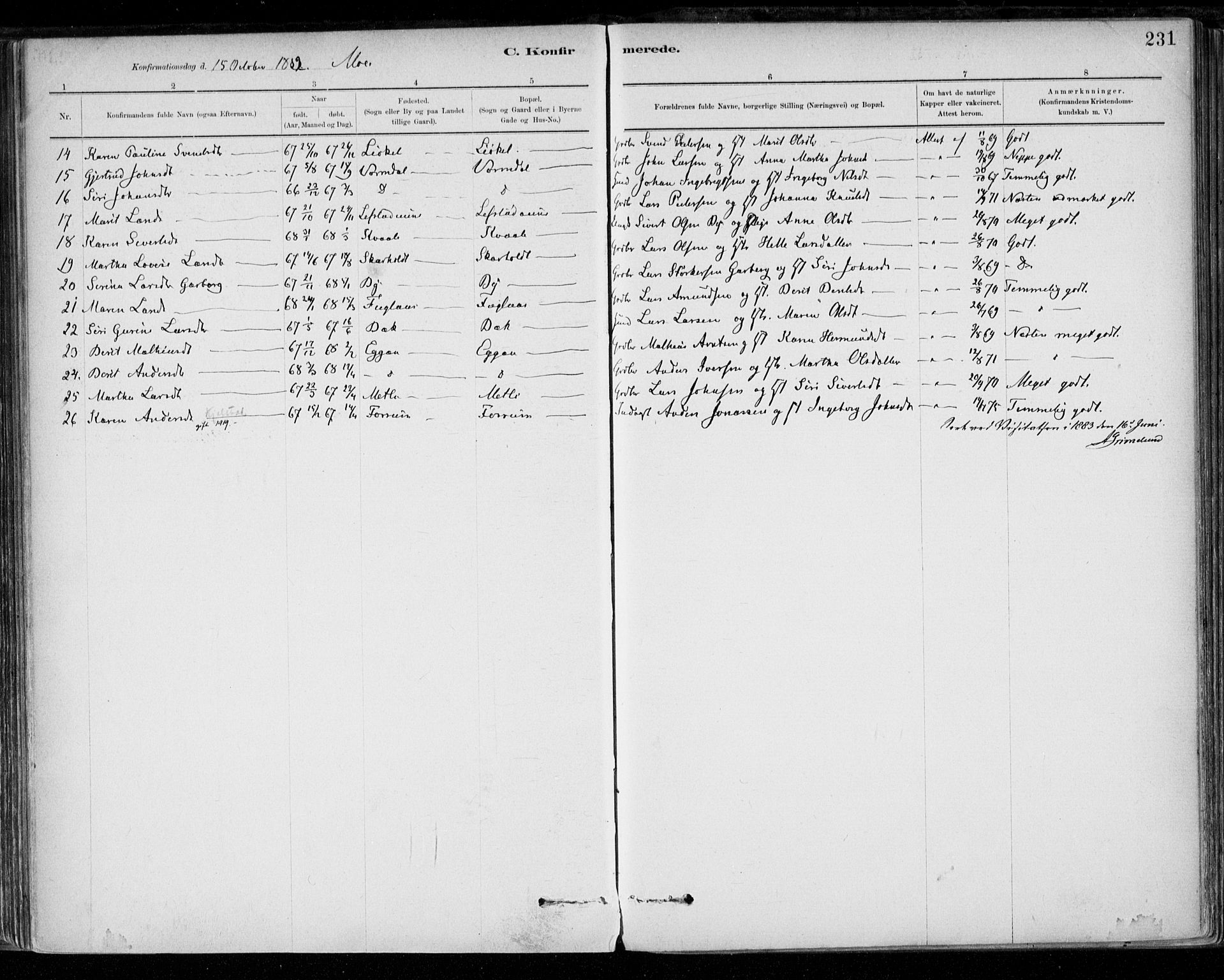 Ministerialprotokoller, klokkerbøker og fødselsregistre - Sør-Trøndelag, SAT/A-1456/668/L0809: Parish register (official) no. 668A09, 1881-1895, p. 231