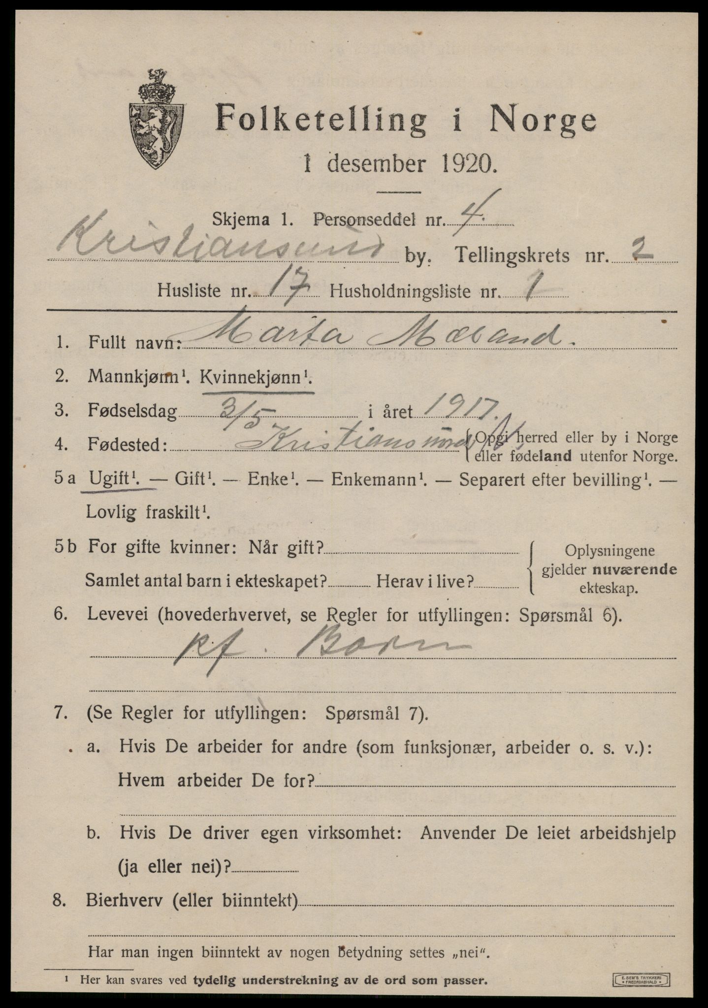 SAT, 1920 census for Kristiansund, 1920, p. 12059