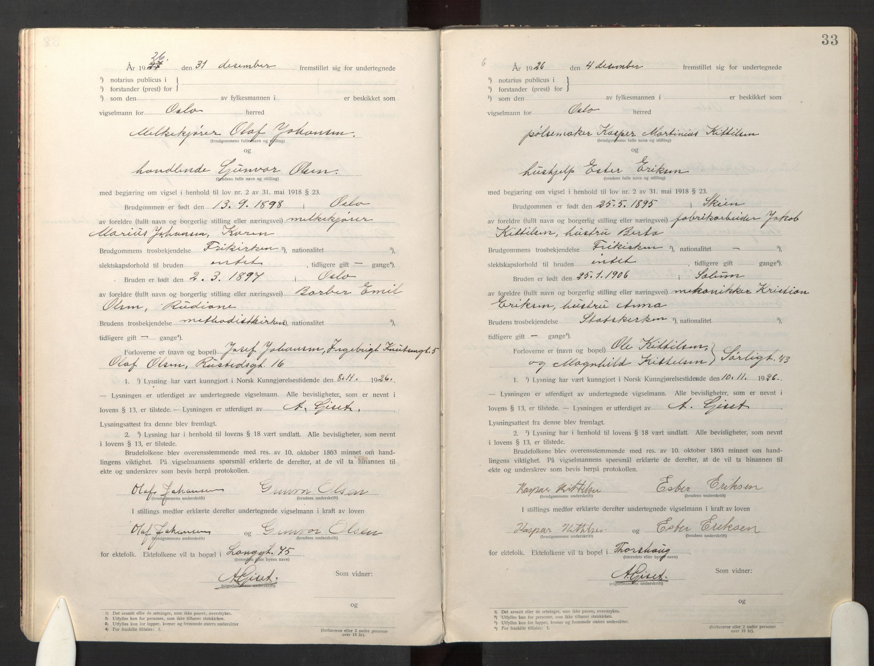 Den evangelisk-lutherske frikirke østre menighet, Oslo, AV/SAO-PAO-0245/F/L0005: Marriage register (dissenter) no. 5, 1920-1941, p. 33