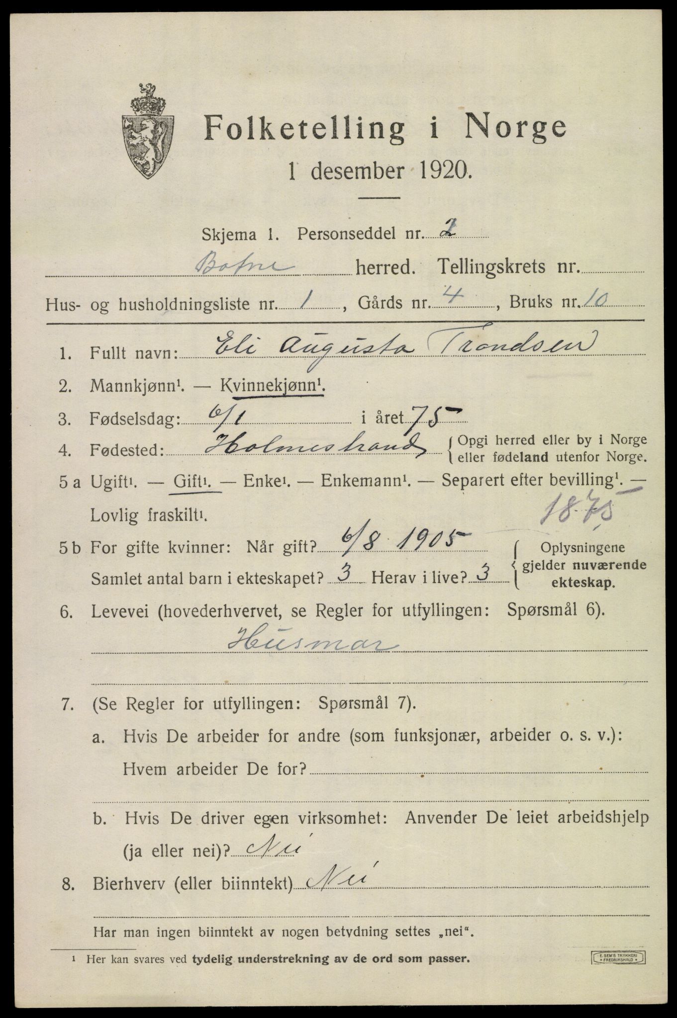 SAKO, 1920 census for Botne, 1920, p. 2125