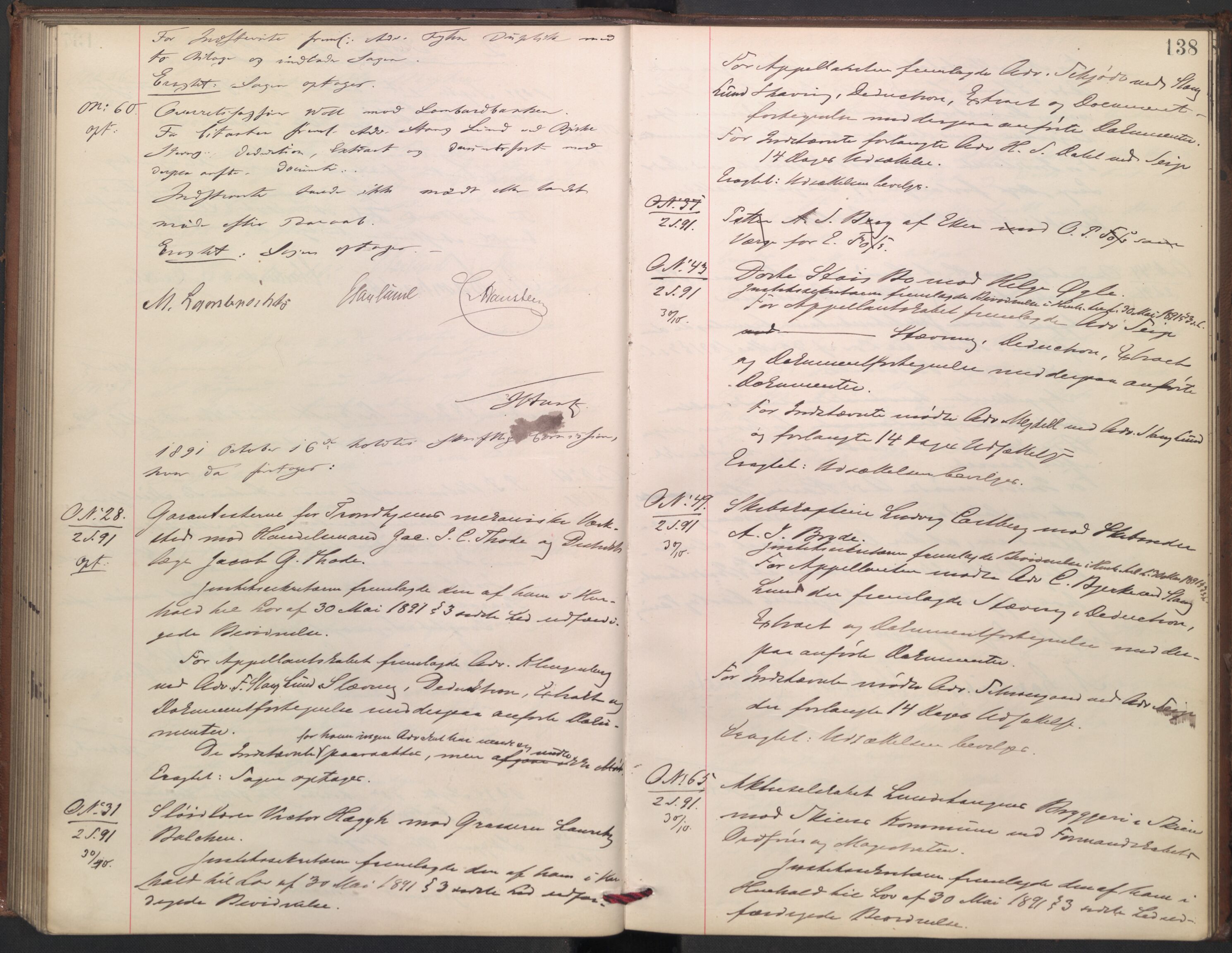 Høyesterett, AV/RA-S-1002/E/Ef/L0016: Protokoll over saker som gikk til skriftlig behandling, 1888-1892, p. 137b-138a