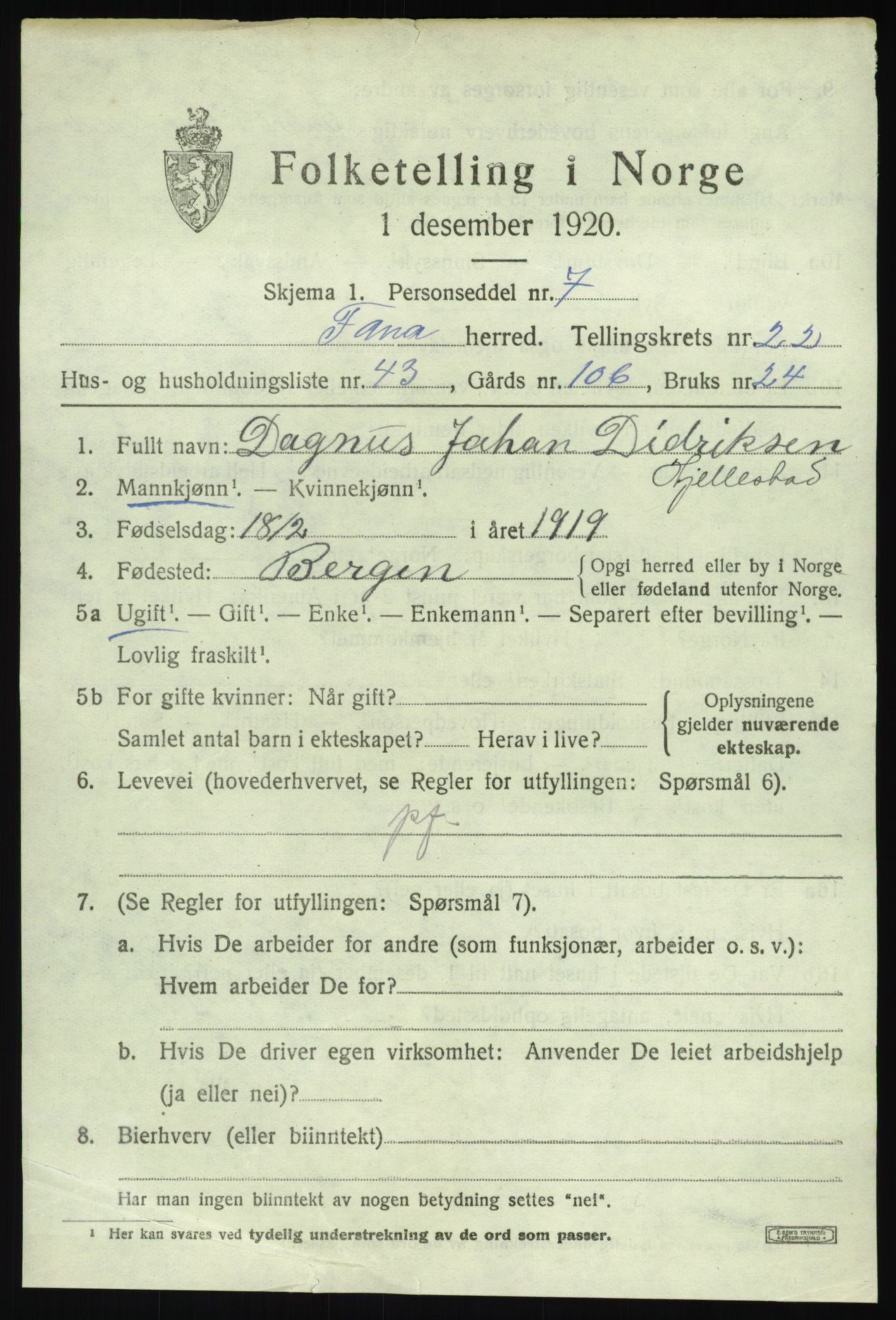 SAB, 1920 census for Fana, 1920, p. 26285