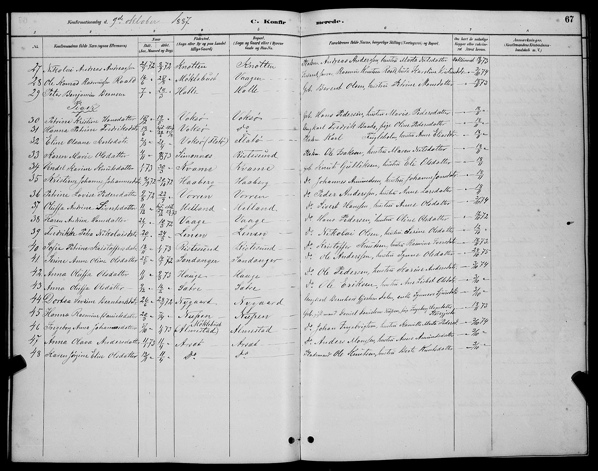 Ministerialprotokoller, klokkerbøker og fødselsregistre - Møre og Romsdal, AV/SAT-A-1454/503/L0048: Parish register (copy) no. 503C03, 1885-1893, p. 67