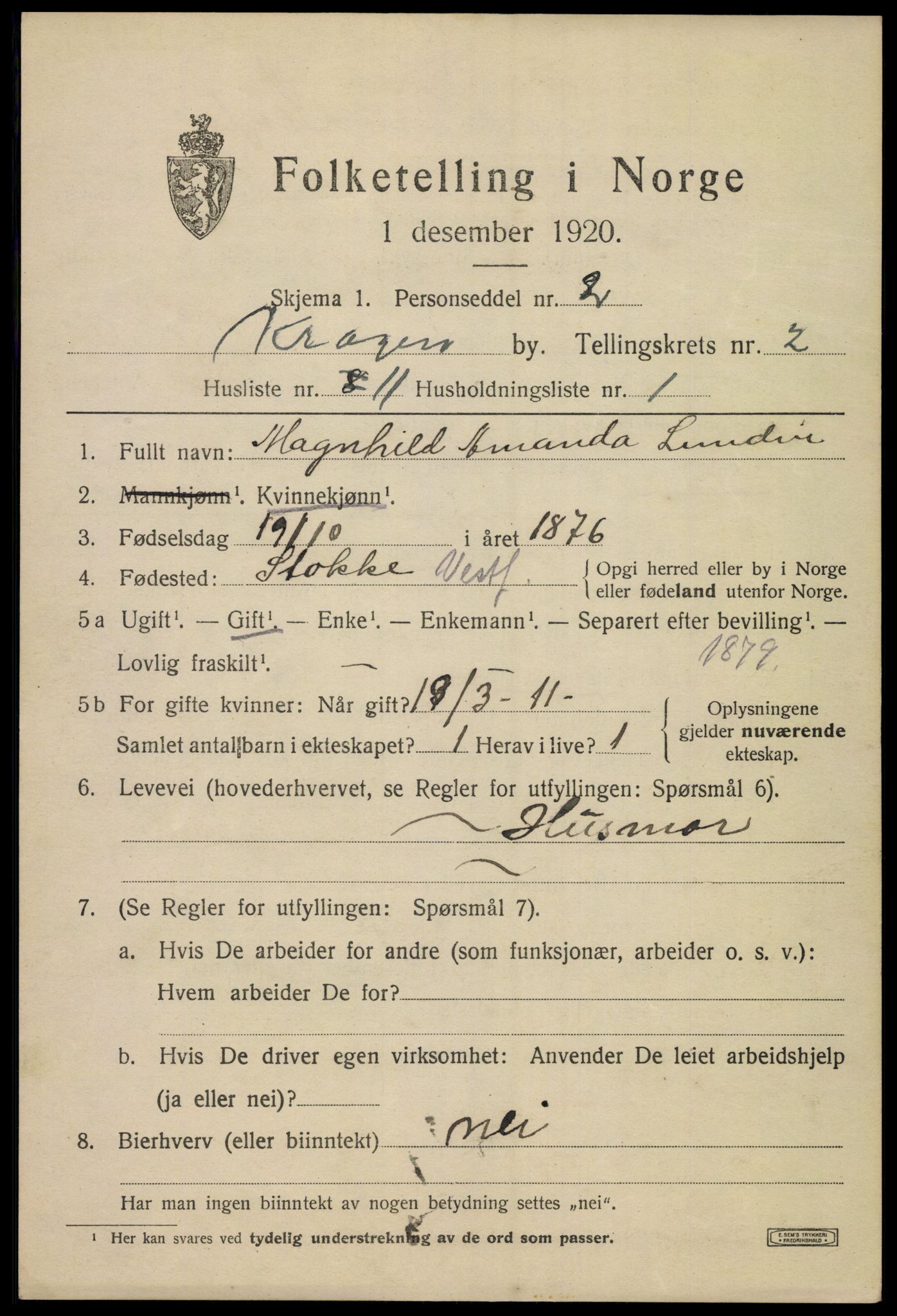 SAKO, 1920 census for Kragerø, 1920, p. 5443