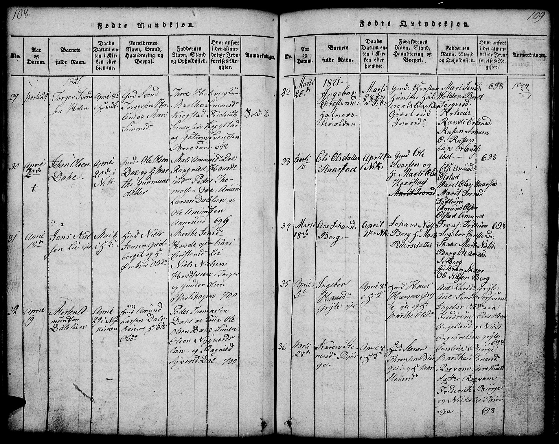 Gausdal prestekontor, AV/SAH-PREST-090/H/Ha/Hab/L0001: Parish register (copy) no. 1, 1817-1848, p. 108-109