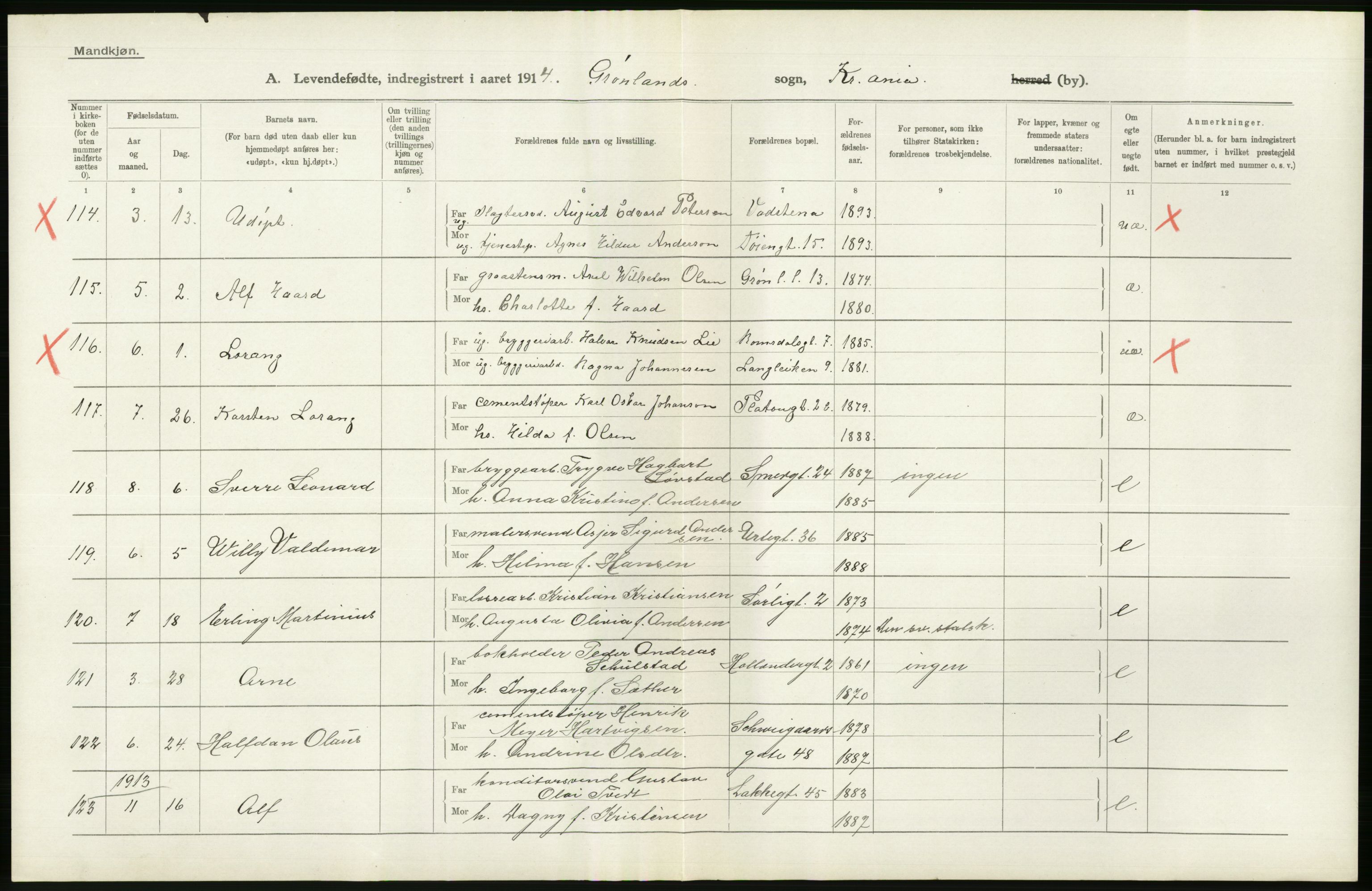 Statistisk sentralbyrå, Sosiodemografiske emner, Befolkning, AV/RA-S-2228/D/Df/Dfb/Dfbd/L0005: Kristiania: Levendefødte menn og kvinner., 1914, p. 614