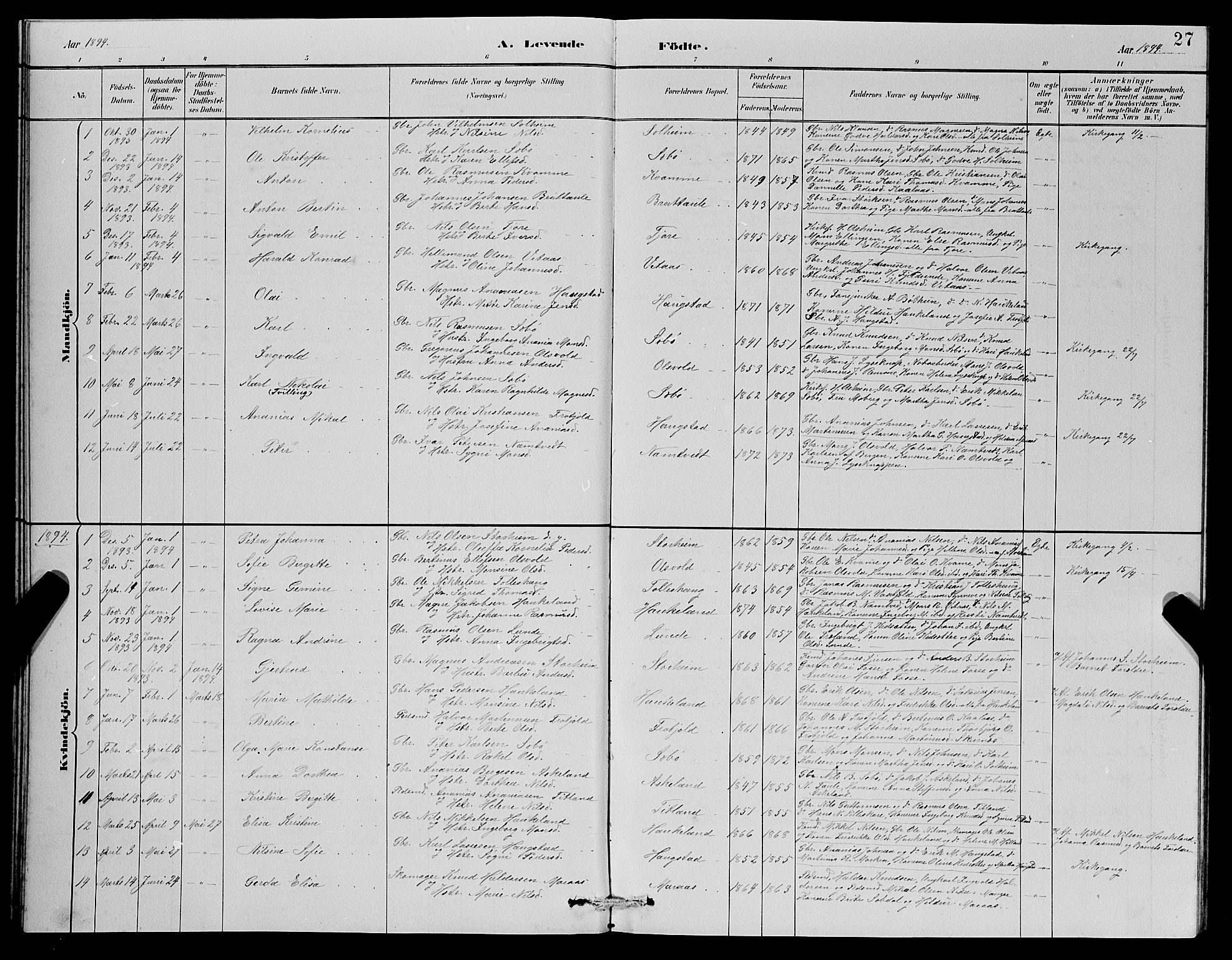 Manger sokneprestembete, AV/SAB-A-76801/H/Haa: Parish register (official) no. D 2, 1894-1908, p. 27