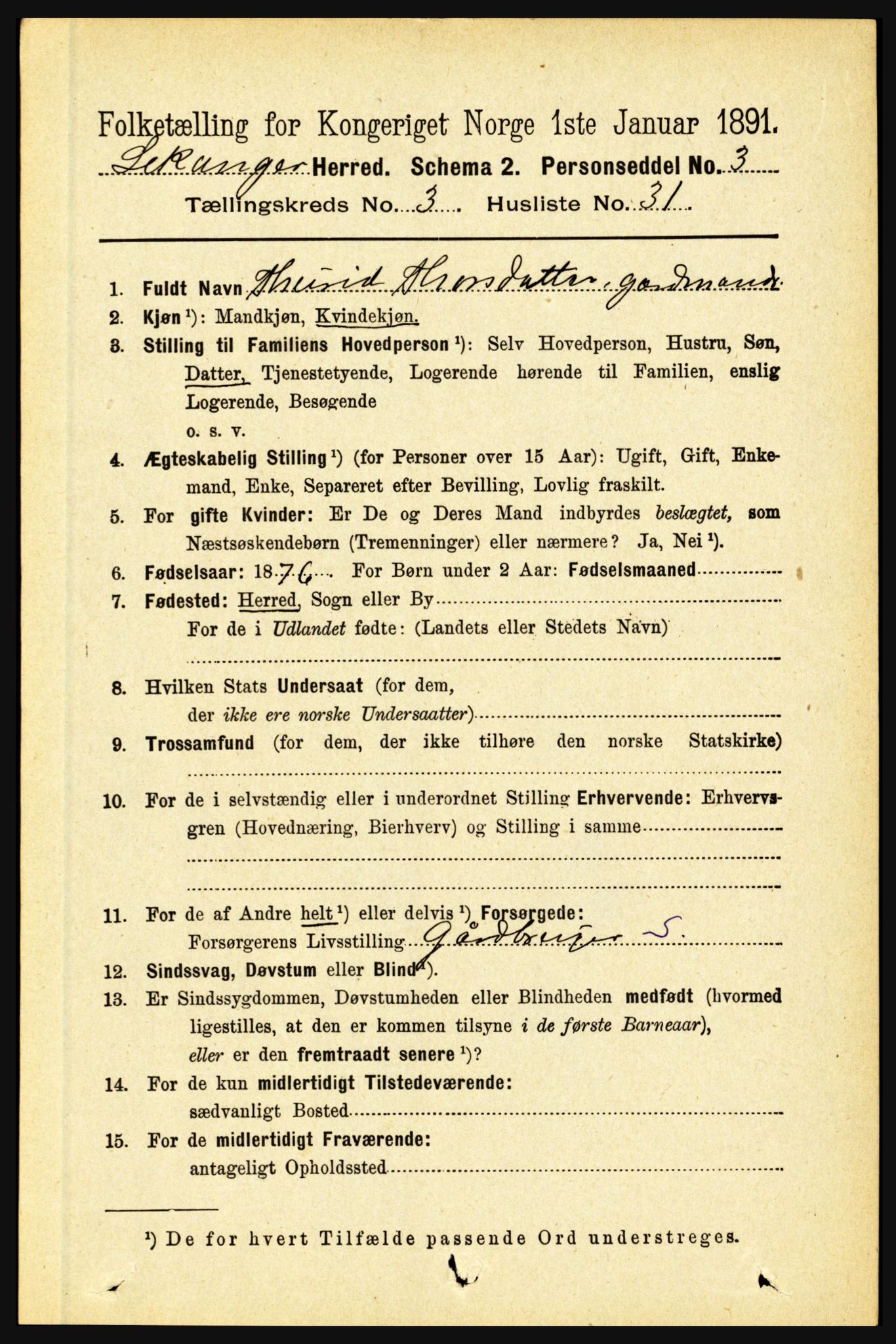 RA, 1891 census for 1419 Leikanger, 1891, p. 516