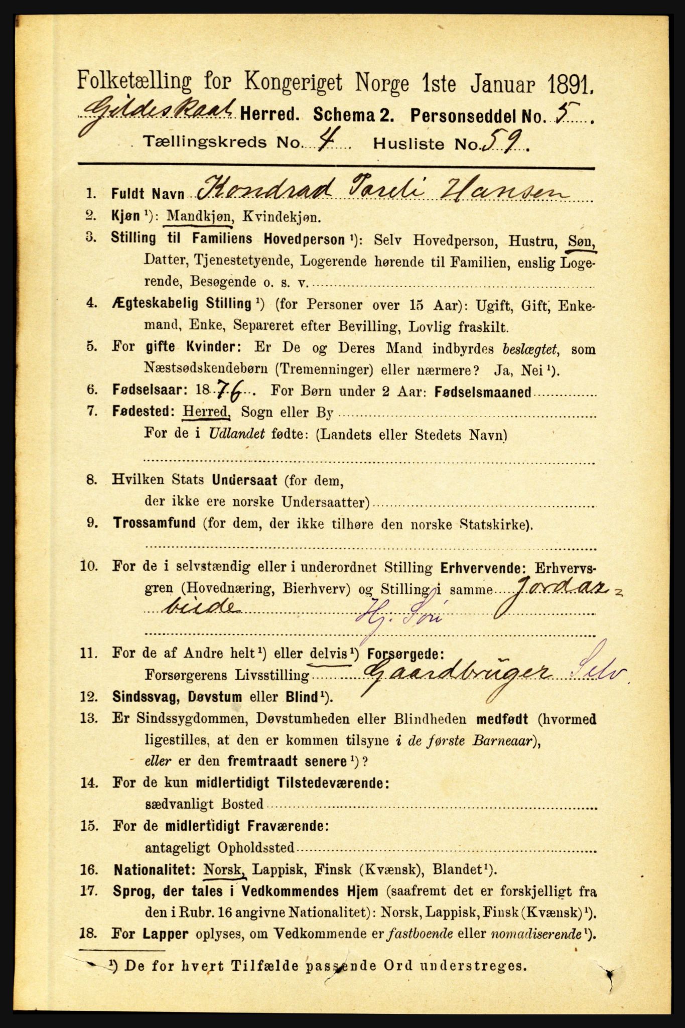 RA, 1891 census for 1838 Gildeskål, 1891, p. 1435