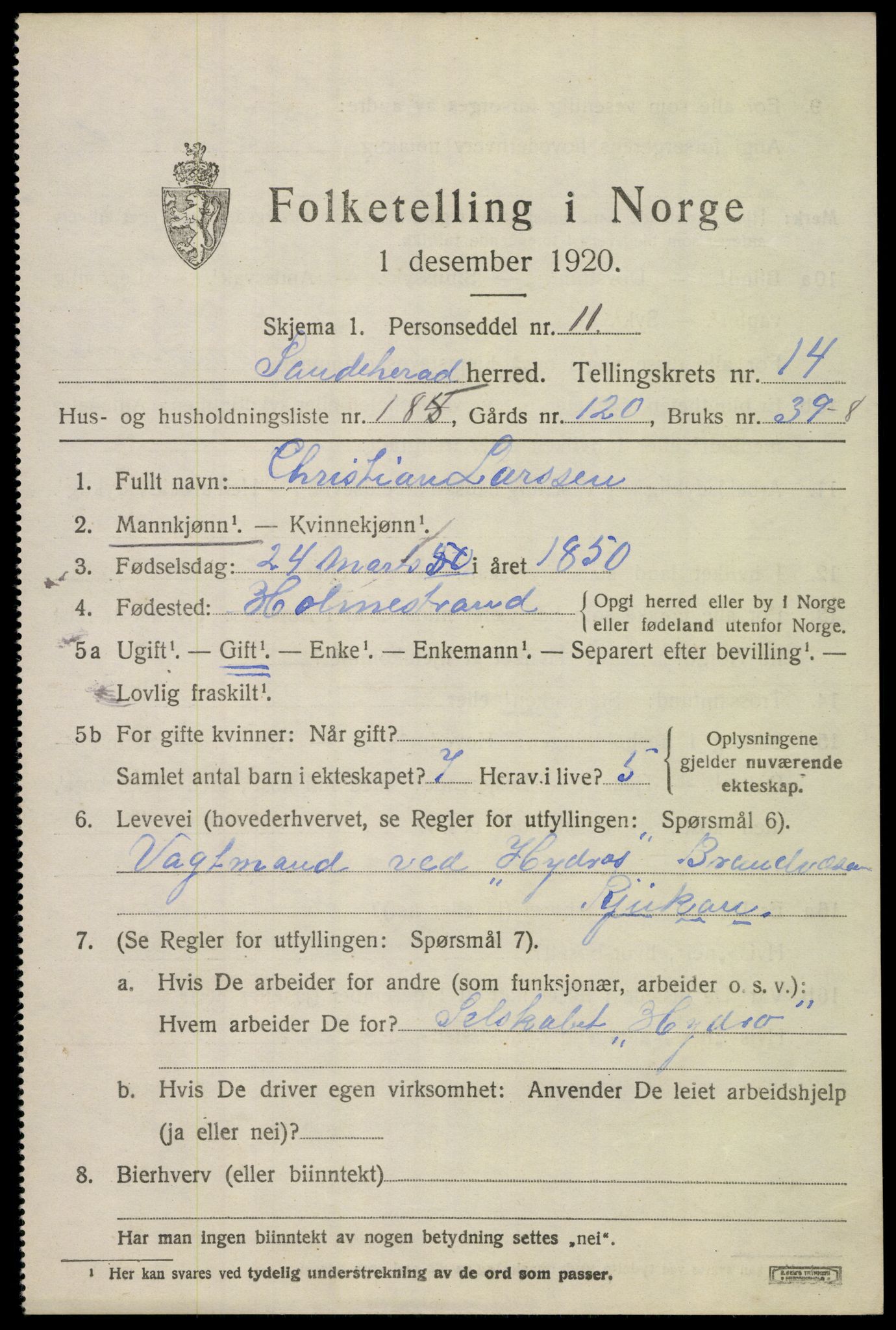 SAKO, 1920 census for Sandeherred, 1920, p. 22950