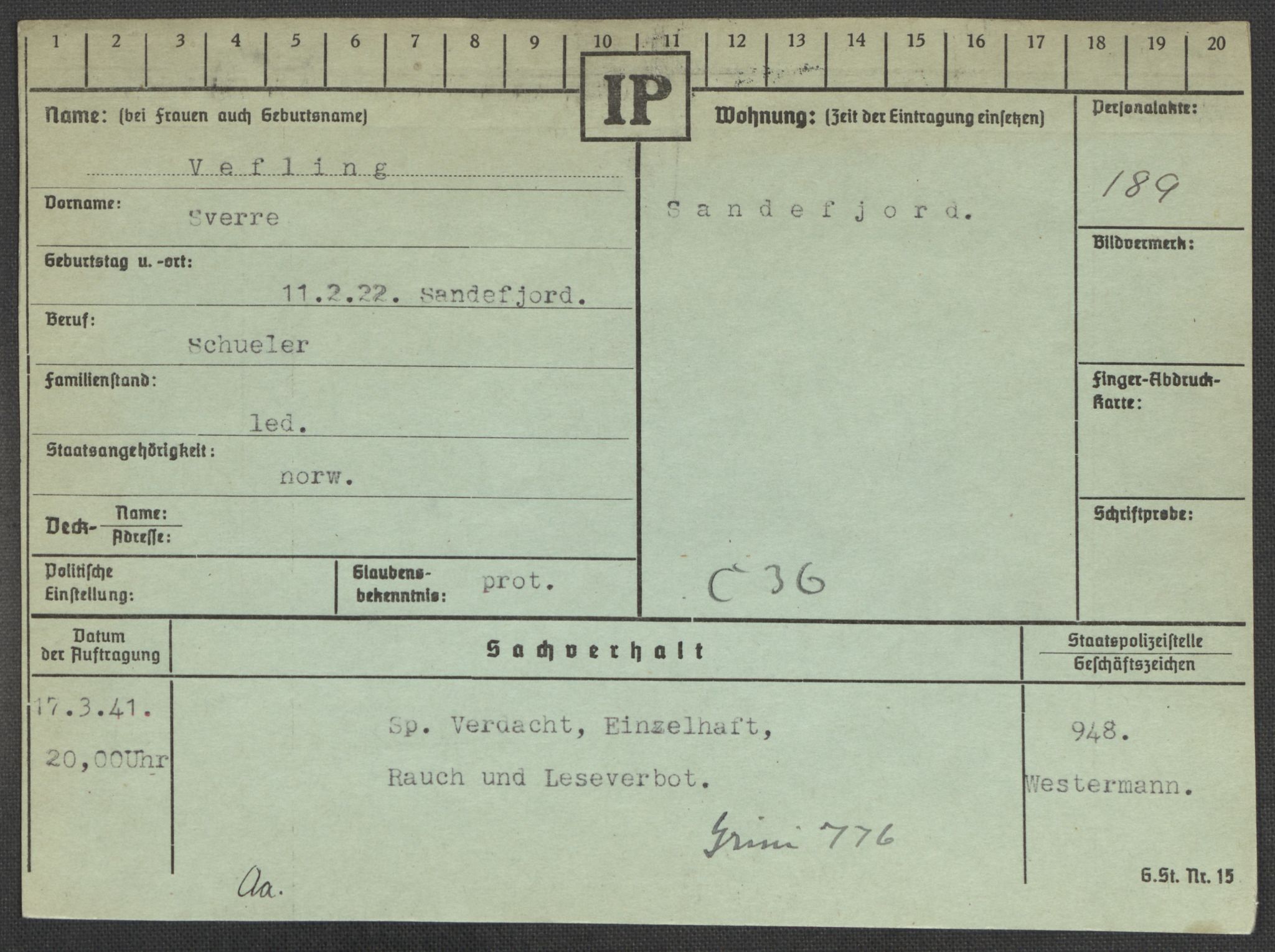 Befehlshaber der Sicherheitspolizei und des SD, RA/RAFA-5969/E/Ea/Eaa/L0010: Register over norske fanger i Møllergata 19: Sø-Å, 1940-1945, p. 714