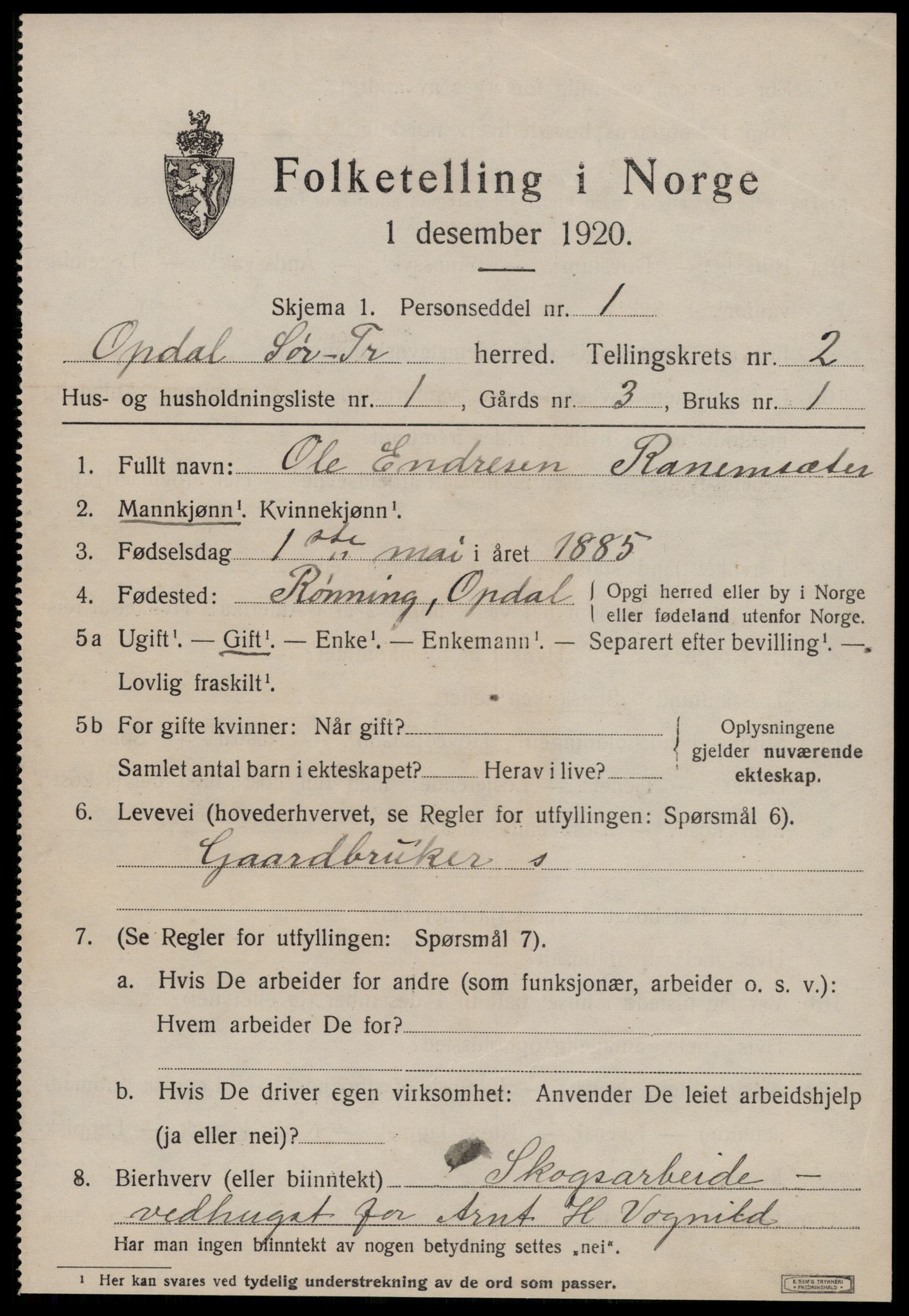 SAT, 1920 census for Oppdal, 1920, p. 2397