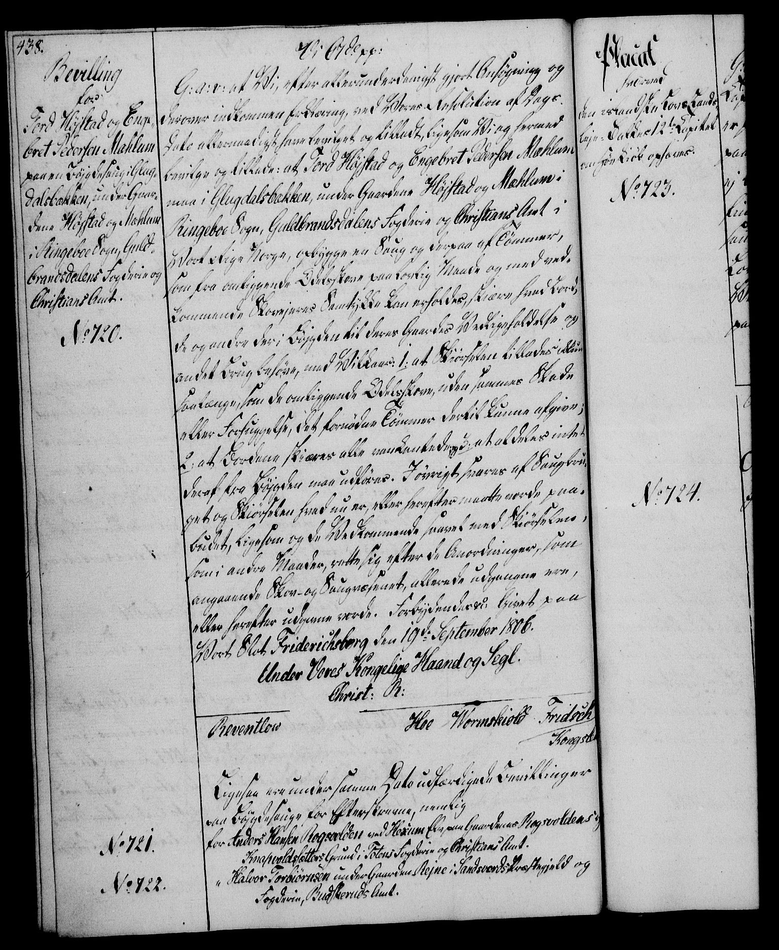 Rentekammeret, Kammerkanselliet, AV/RA-EA-3111/G/Gg/Gga/L0018: Norsk ekspedisjonsprotokoll med register (merket RK 53.18), 1804-1806, p. 438