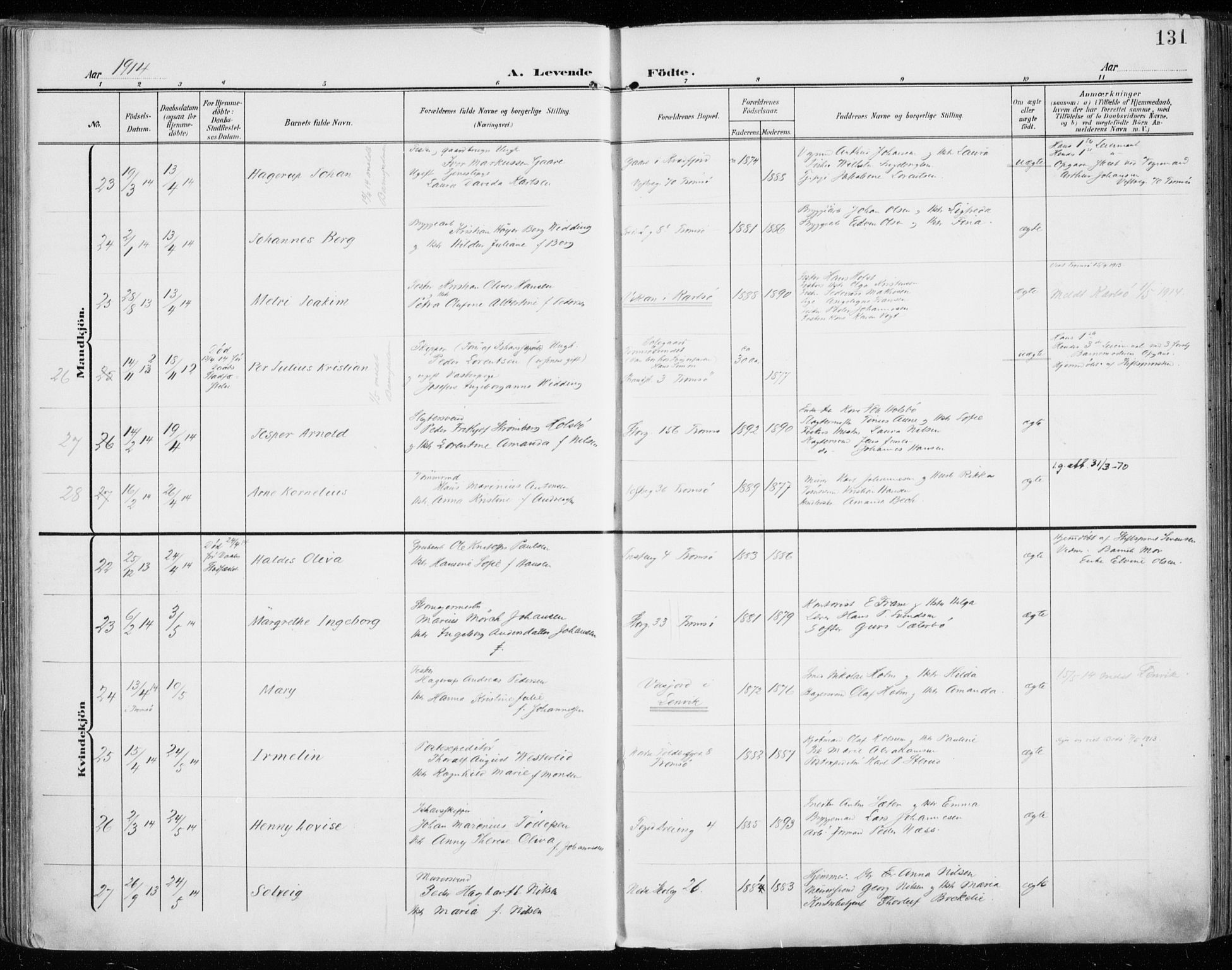 Tromsø sokneprestkontor/stiftsprosti/domprosti, AV/SATØ-S-1343/G/Ga/L0017kirke: Parish register (official) no. 17, 1907-1917, p. 131