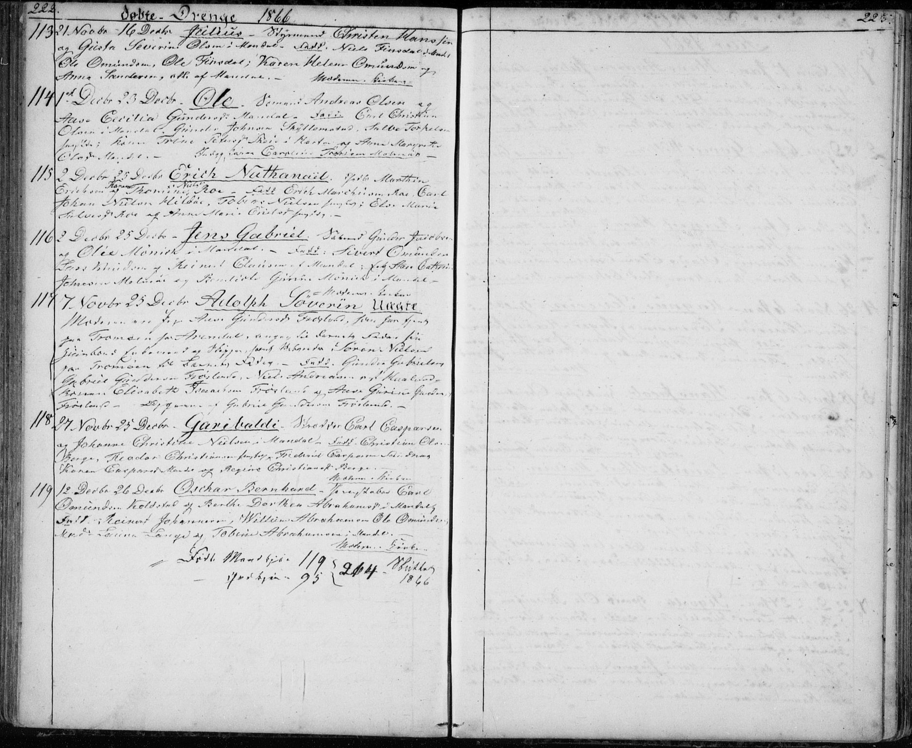 Mandal sokneprestkontor, AV/SAK-1111-0030/F/Fb/Fba/L0008: Parish register (copy) no. B 2, 1854-1868, p. 222-223