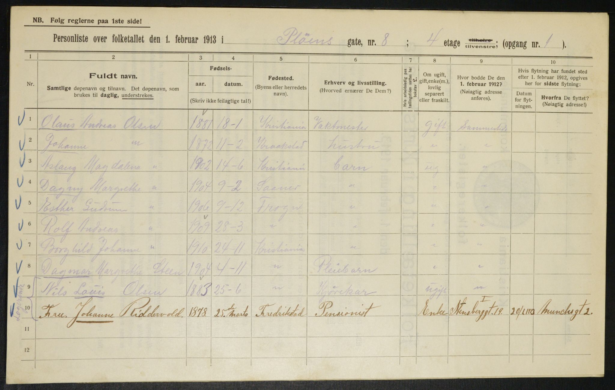 OBA, Municipal Census 1913 for Kristiania, 1913, p. 81068