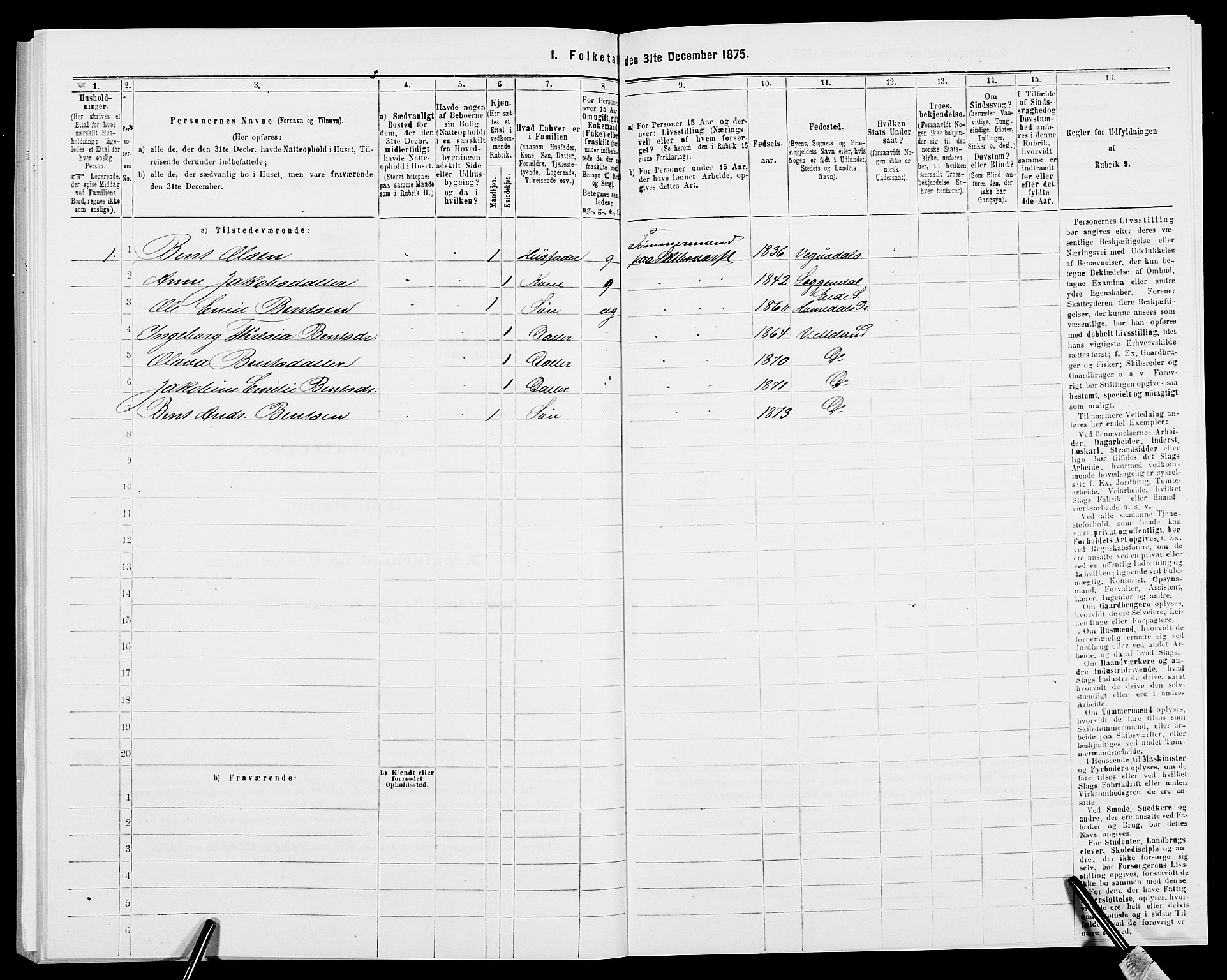 SAK, 1875 census for 0926L Vestre Moland/Vestre Moland, 1875, p. 546