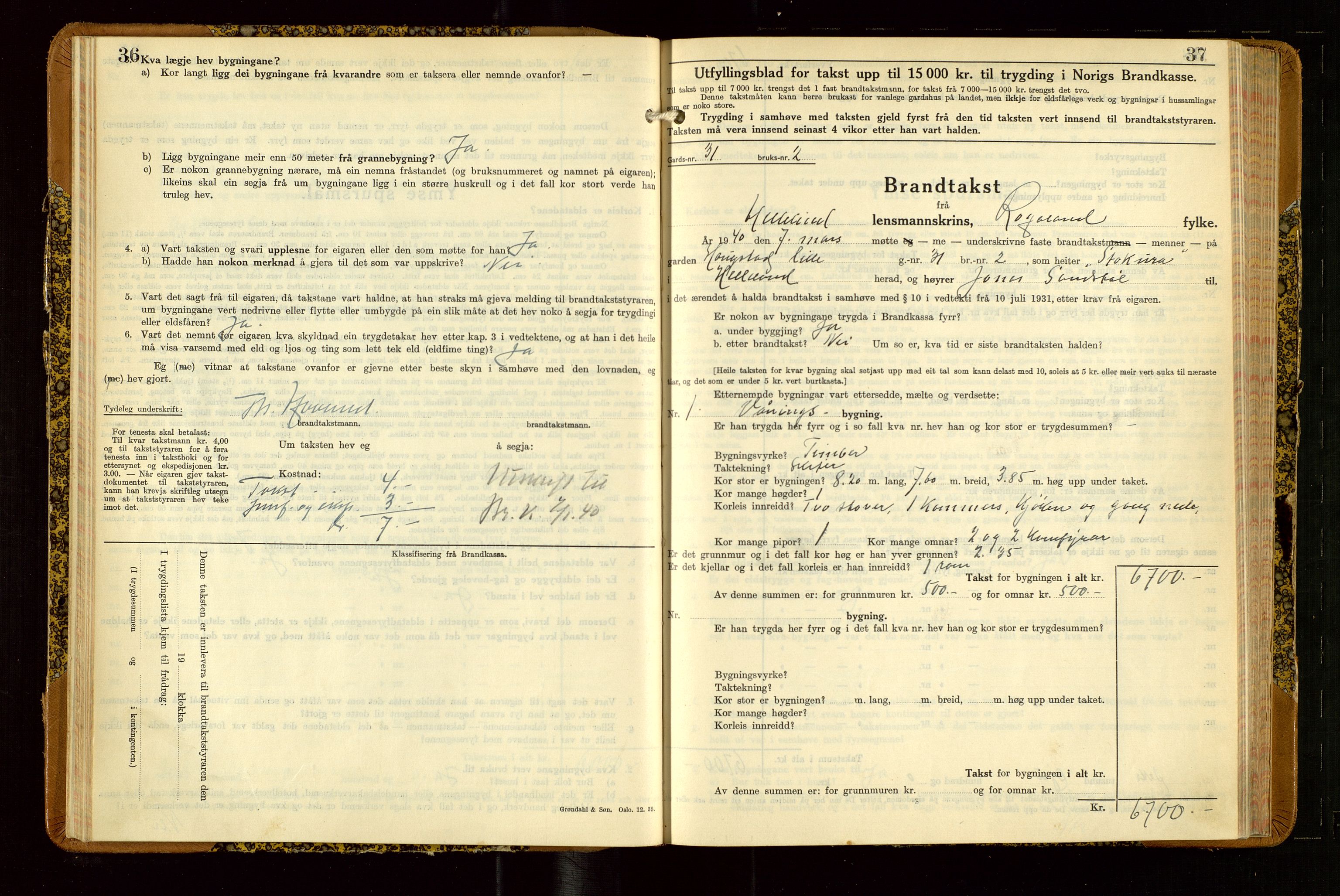 Helleland lensmannskontor, AV/SAST-A-100209/Gob/L0004: "Brandtakstbok", 1939-1949, p. 36-37