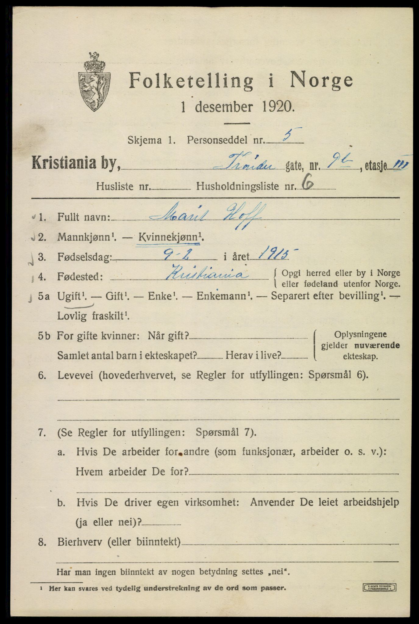 SAO, 1920 census for Kristiania, 1920, p. 604171