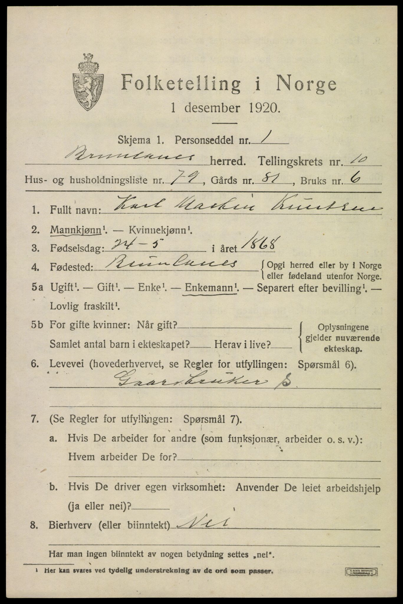 SAKO, 1920 census for Brunlanes, 1920, p. 9267