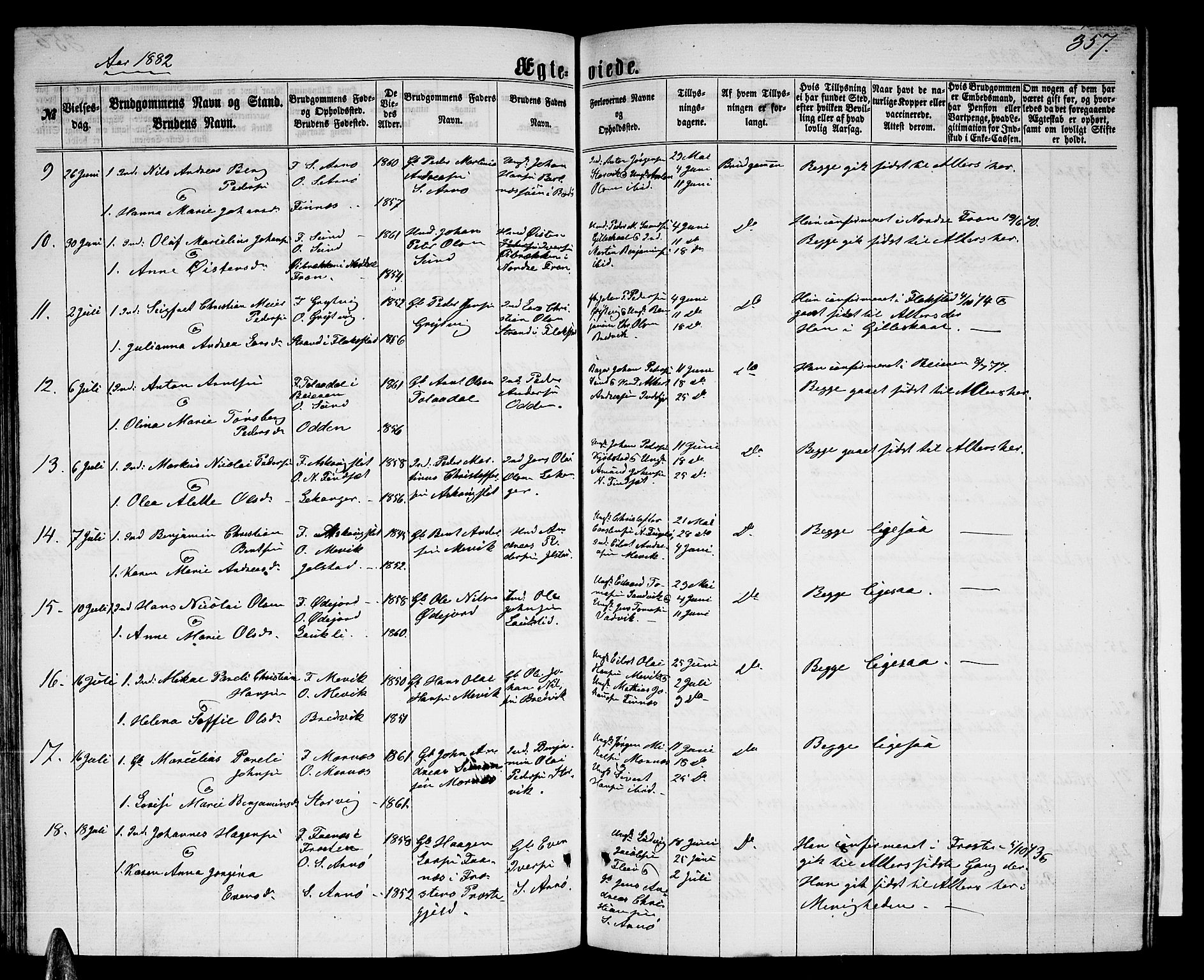 Ministerialprotokoller, klokkerbøker og fødselsregistre - Nordland, AV/SAT-A-1459/805/L0107: Parish register (copy) no. 805C03, 1862-1885, p. 357