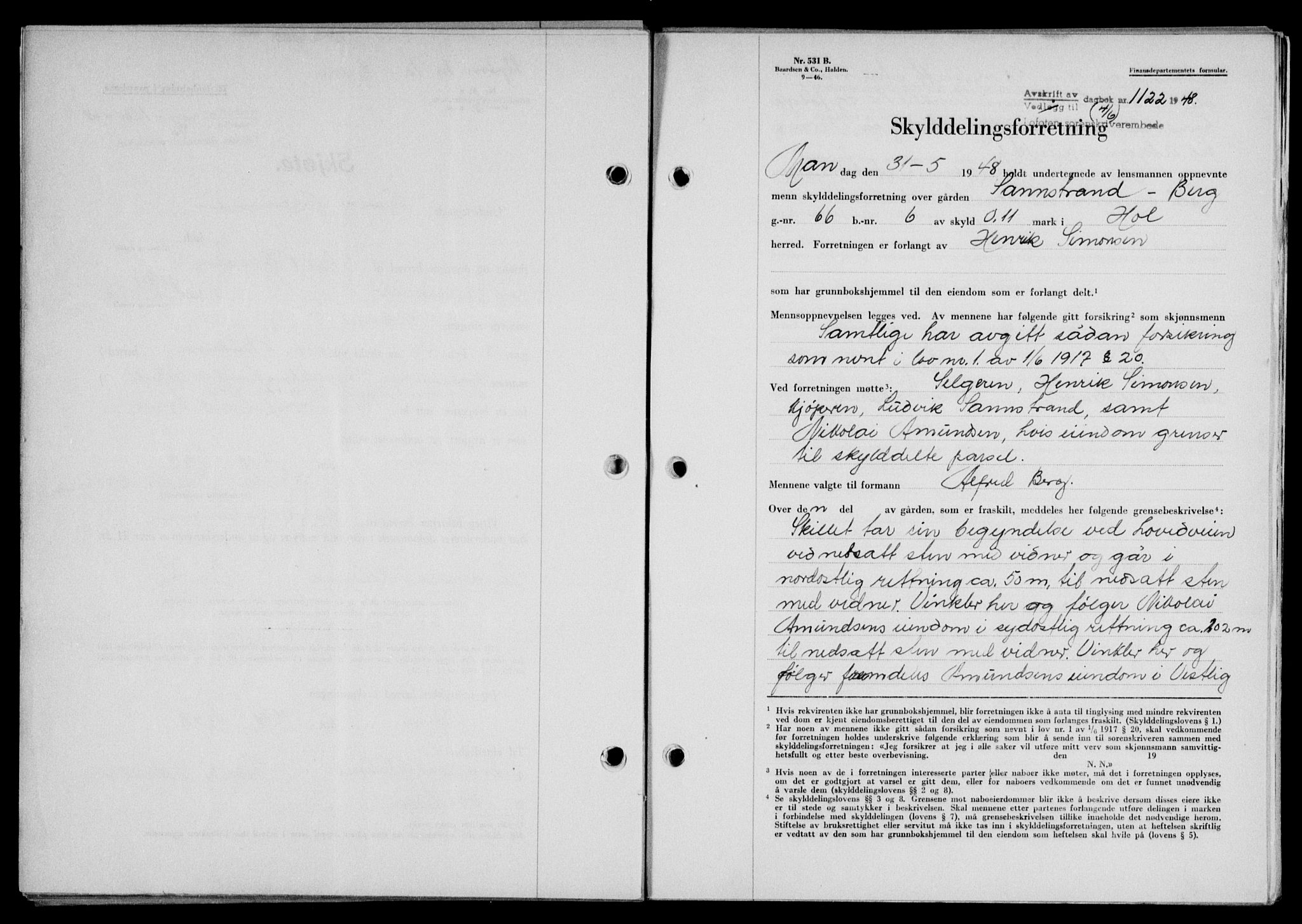 Lofoten sorenskriveri, SAT/A-0017/1/2/2C/L0018a: Mortgage book no. 18a, 1948-1948, Diary no: : 1122/1948