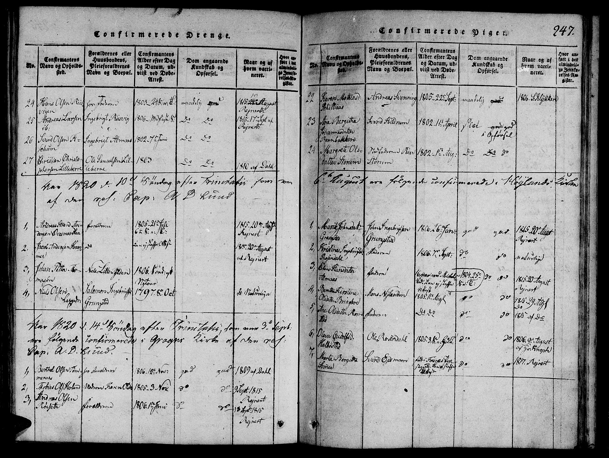 Ministerialprotokoller, klokkerbøker og fødselsregistre - Nord-Trøndelag, AV/SAT-A-1458/764/L0546: Parish register (official) no. 764A06 /1, 1816-1823, p. 247