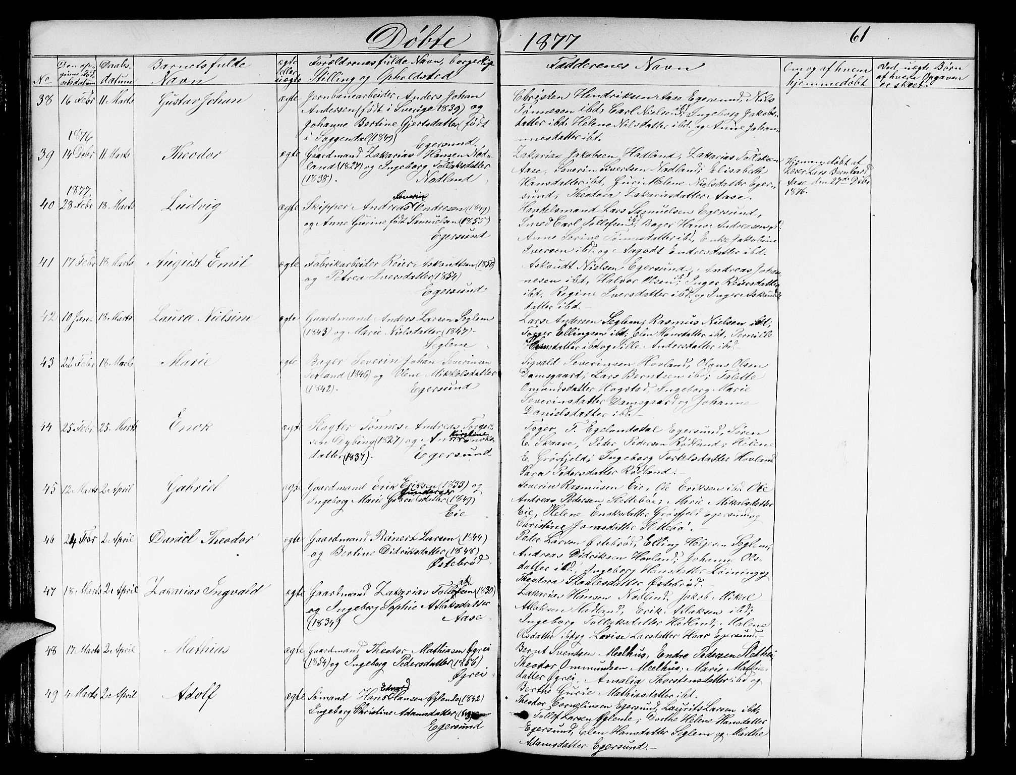 Eigersund sokneprestkontor, AV/SAST-A-101807/001/30/30BB/L0005: Parish register (copy) no. B 5, 1872-1881, p. 61