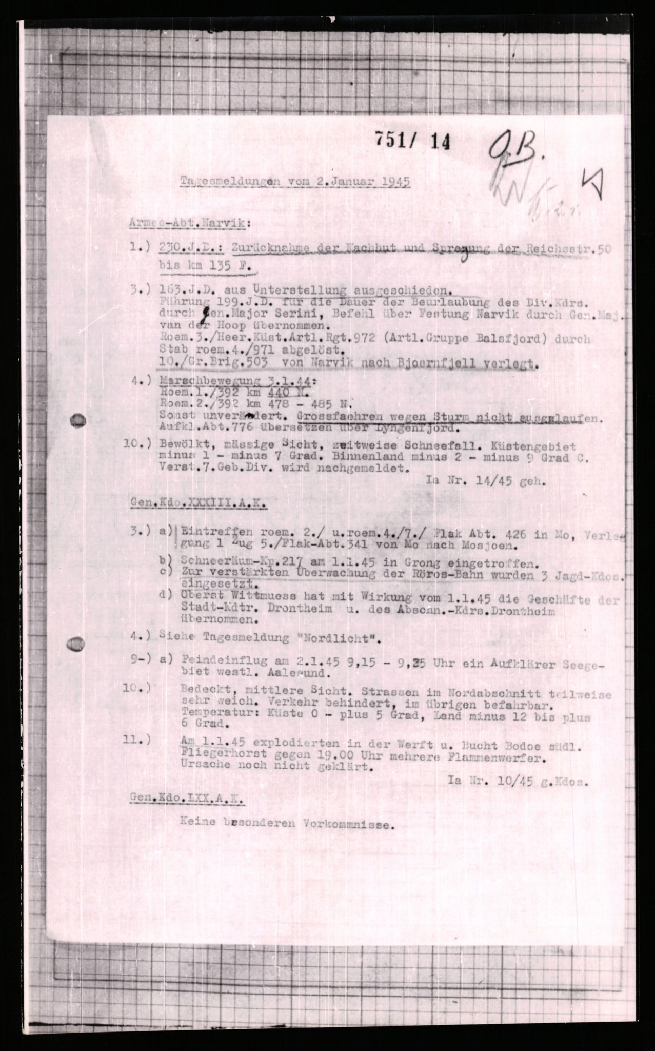 Forsvarets Overkommando. 2 kontor. Arkiv 11.4. Spredte tyske arkivsaker, AV/RA-RAFA-7031/D/Dar/Dara/L0006: Krigsdagbøker for 20. Gebirgs-Armee-Oberkommando (AOK 20), 1945, p. 28