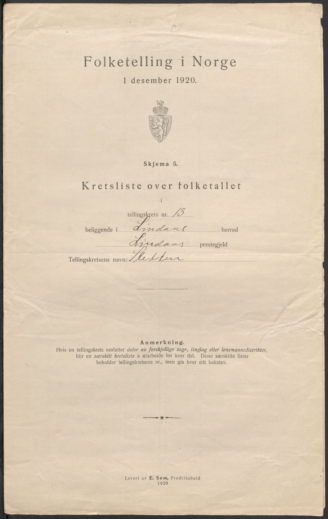 SAB, 1920 census for Lindås, 1920, p. 44