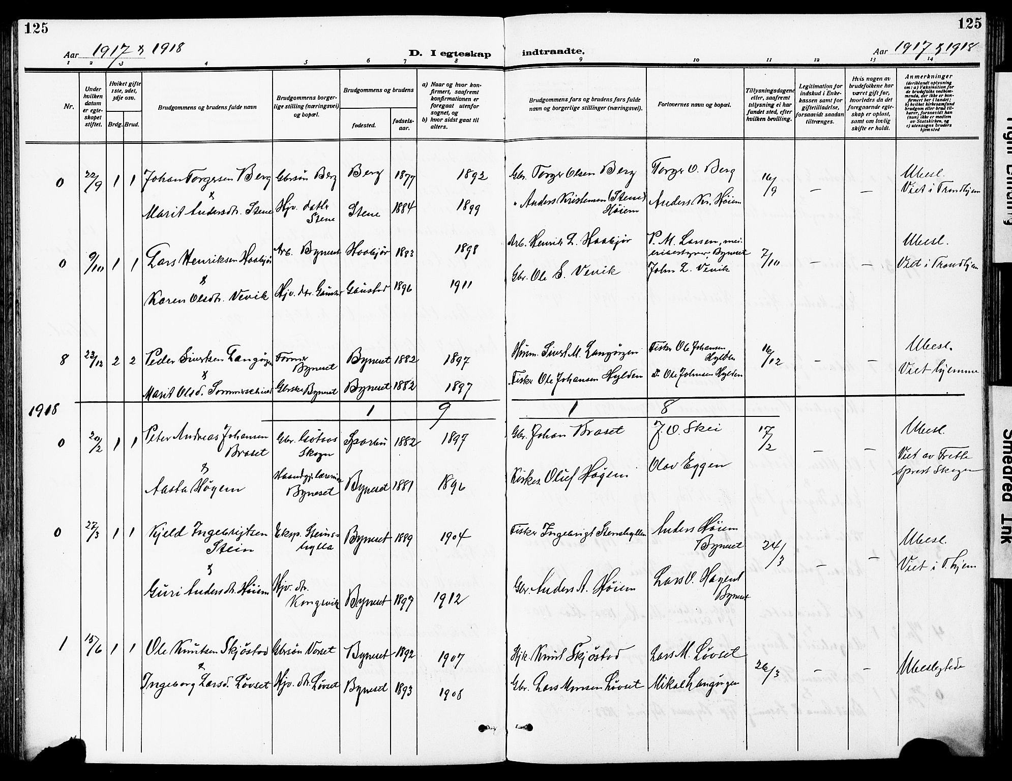 Ministerialprotokoller, klokkerbøker og fødselsregistre - Sør-Trøndelag, SAT/A-1456/612/L0388: Parish register (copy) no. 612C04, 1909-1929, p. 125