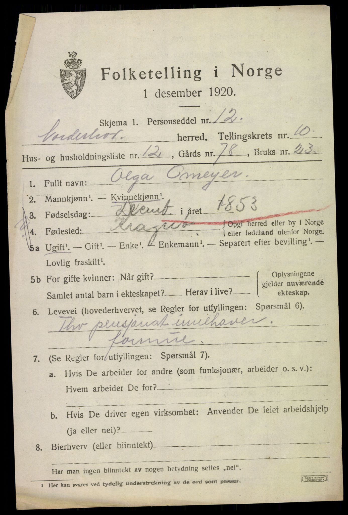 SAKO, 1920 census for Norderhov, 1920, p. 12176