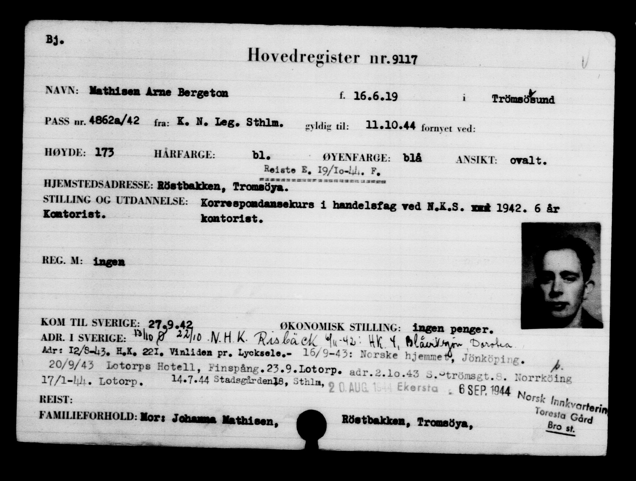 Utenriksstasjonene, Legasjonen i Stockholm, Flyktningkontoret, AV/RA-S-6753/V/Va/L0005: Kjesäterkartoteket, flyktninger med registreringsnr. 6600-9417, 1940-1945, p. 2970