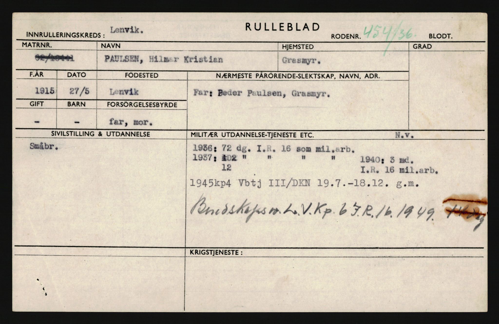 Forsvaret, Troms infanteriregiment nr. 16, AV/RA-RAFA-3146/P/Pa/L0020: Rulleblad for regimentets menige mannskaper, årsklasse 1936, 1936, p. 1085