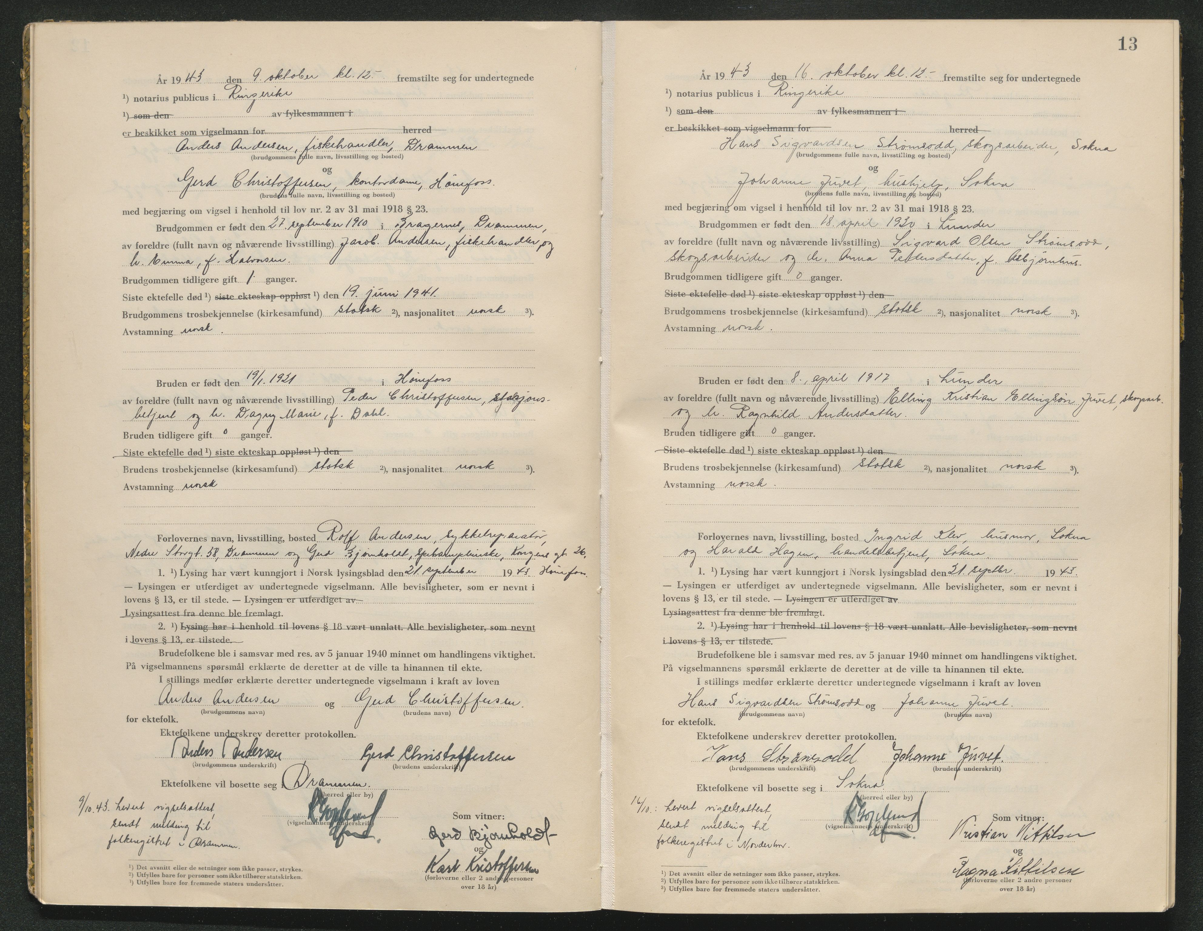 Ringerike sorenskriveri, AV/SAKO-A-105/L/Lc/L0003: Vigselsbok, 1943-1944, p. 13