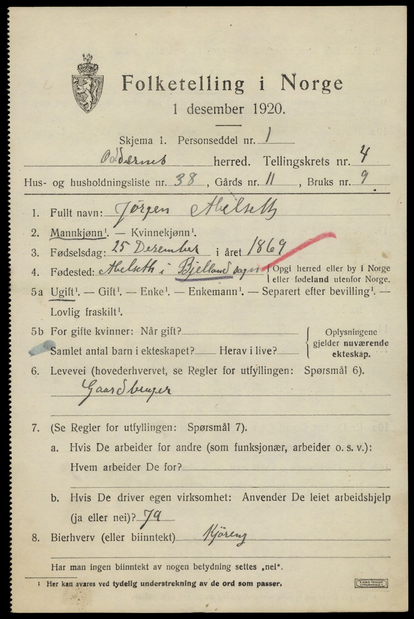 SAK, 1920 census for Oddernes, 1920, p. 4407