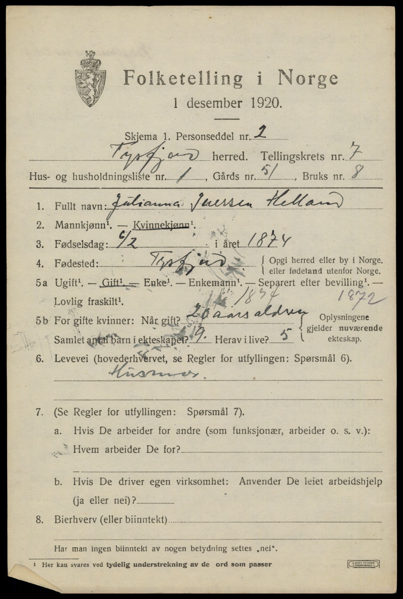 SAT, 1920 census for Tysfjord, 1920, p. 5147