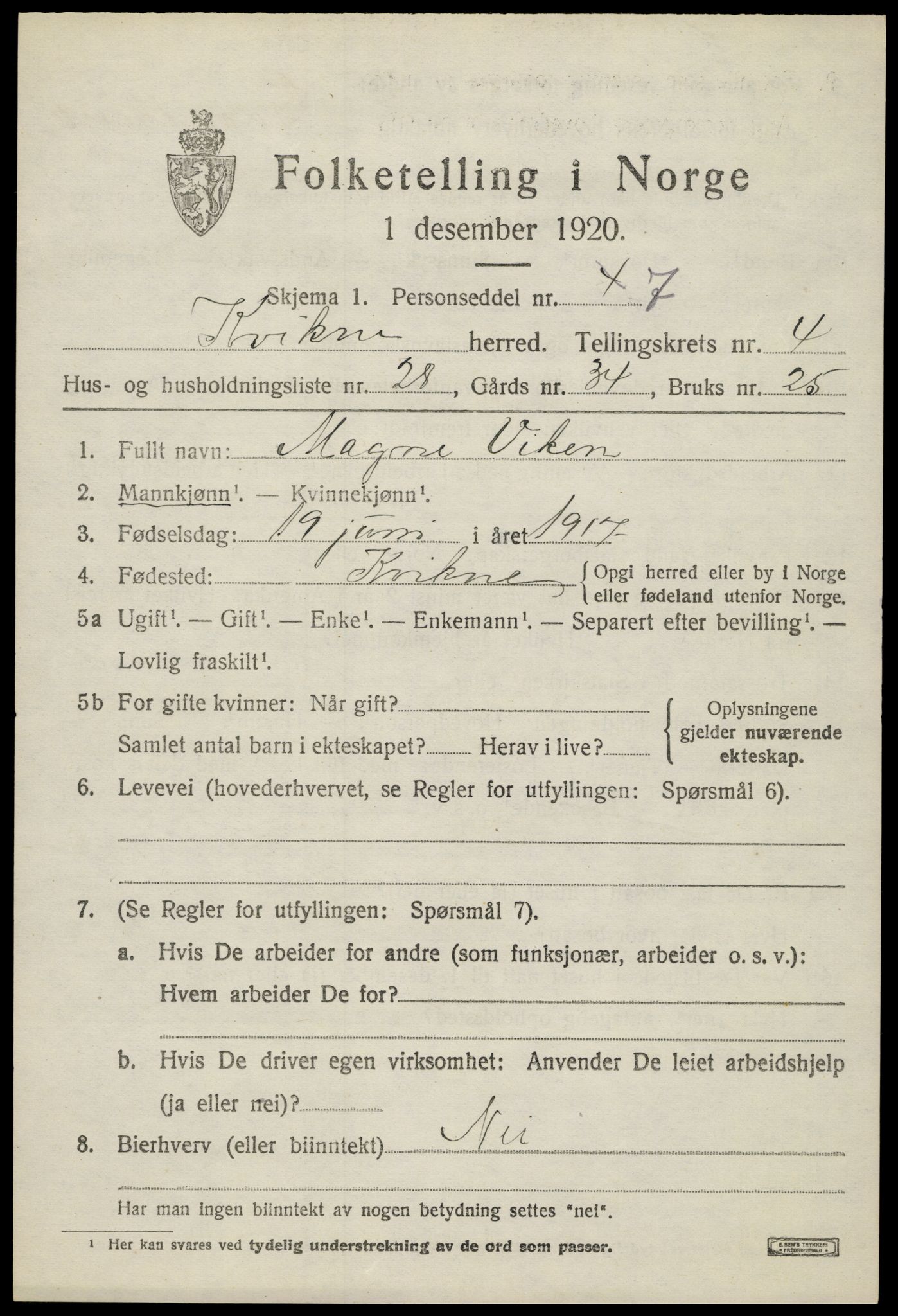 SAH, 1920 census for Kvikne, 1920, p. 1876