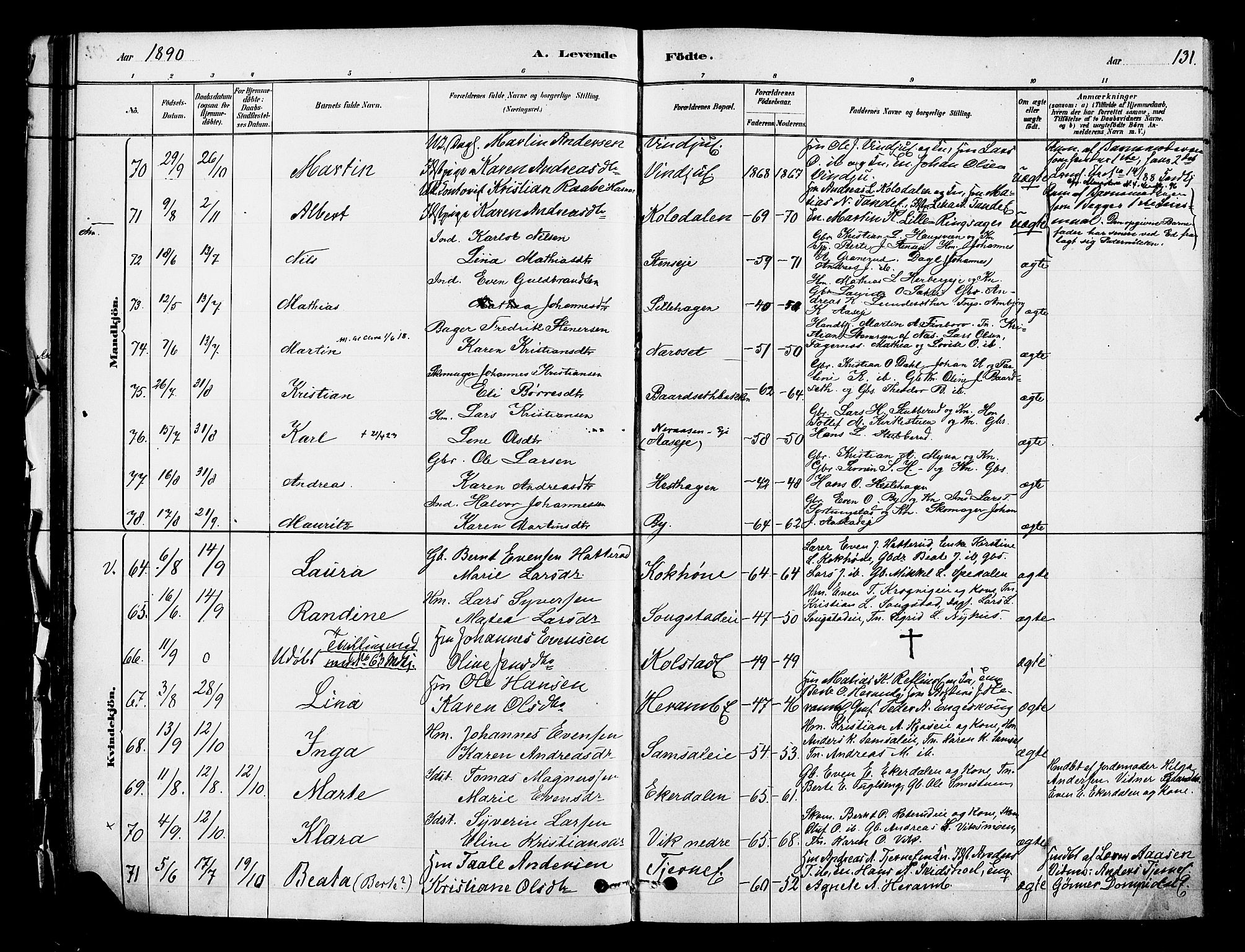 Ringsaker prestekontor, AV/SAH-PREST-014/K/Ka/L0012: Parish register (official) no. 12, 1879-1890, p. 131