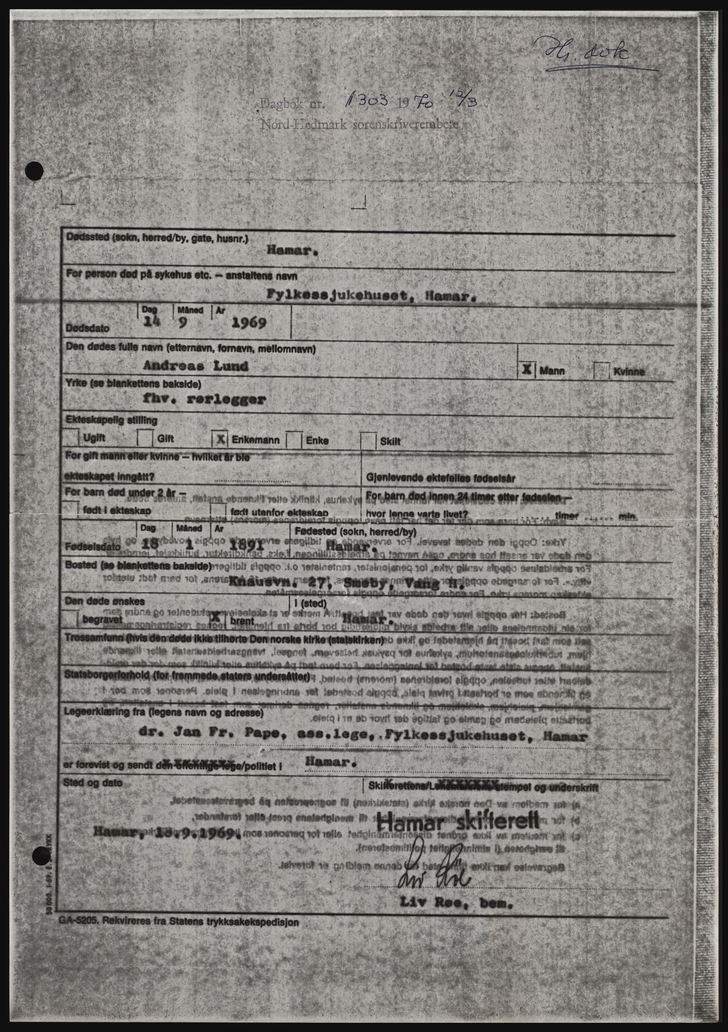 Nord-Hedmark sorenskriveri, SAH/TING-012/H/Hc/L0033: Mortgage book no. 33, 1970-1970, Diary no: : 1303/1970