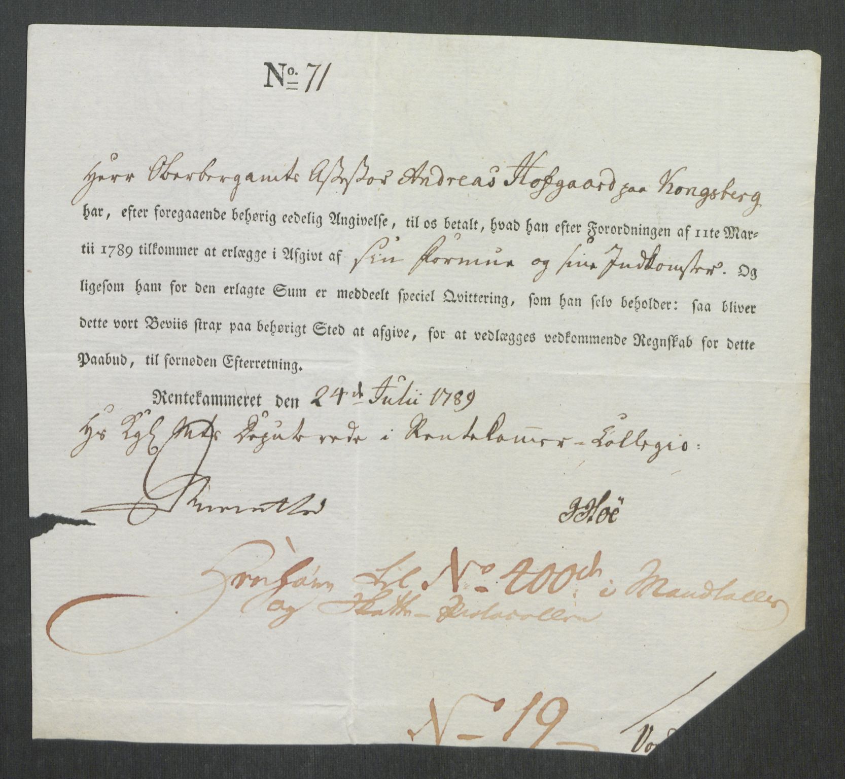 Rentekammeret inntil 1814, Reviderte regnskaper, Mindre regnskaper, AV/RA-EA-4068/Rf/Rfe/L0019: Jæren og Dalane fogderi, Kongsberg, 1789, p. 244