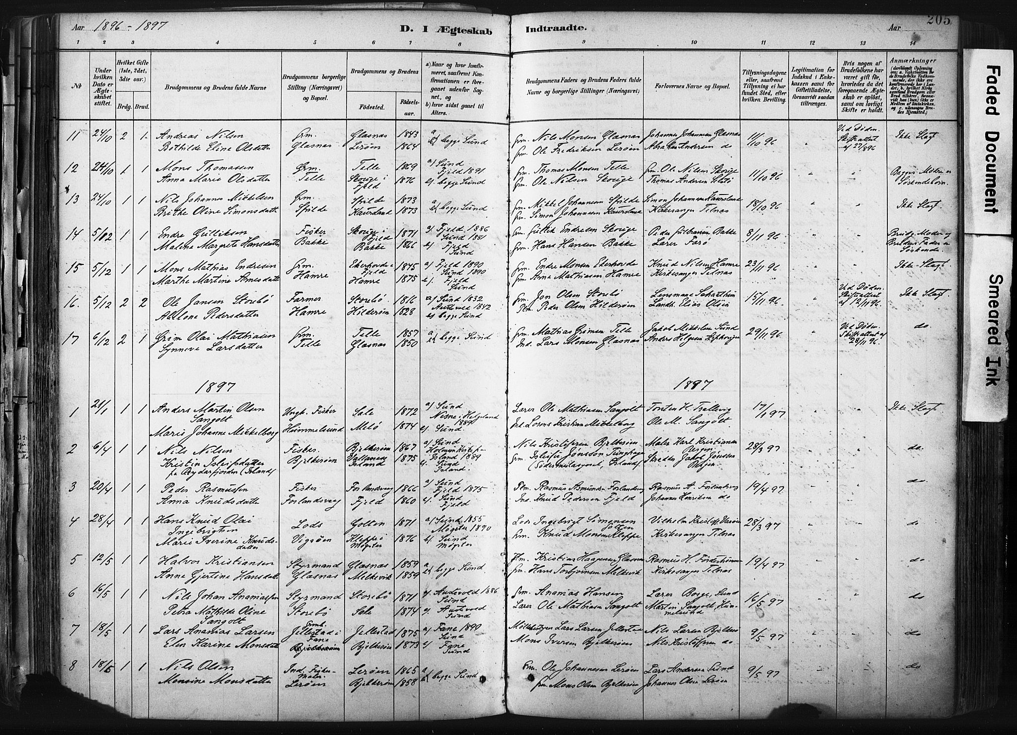 Sund sokneprestembete, SAB/A-99930: Parish register (official) no. B 1, 1882-1907, p. 205