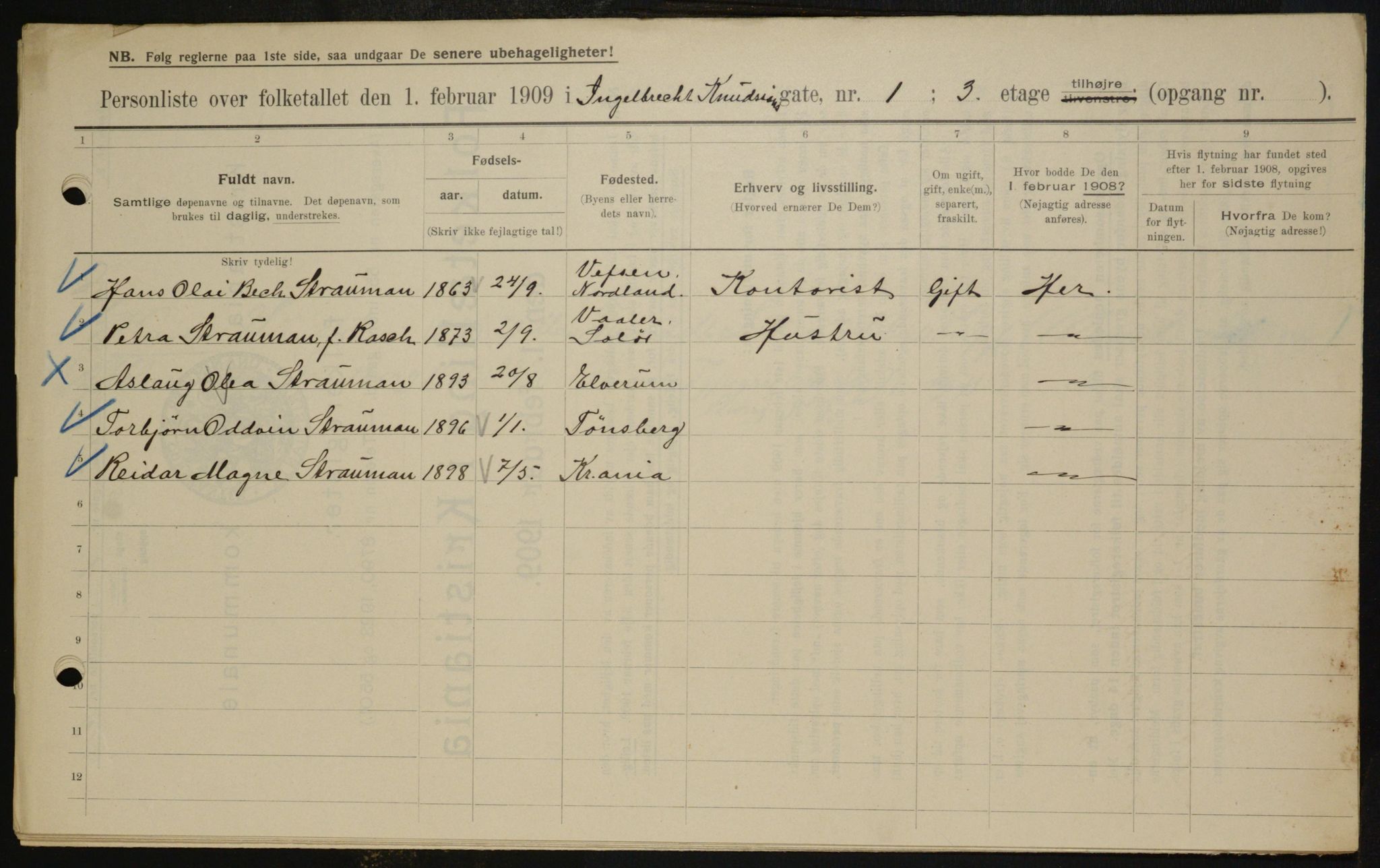 OBA, Municipal Census 1909 for Kristiania, 1909, p. 40045