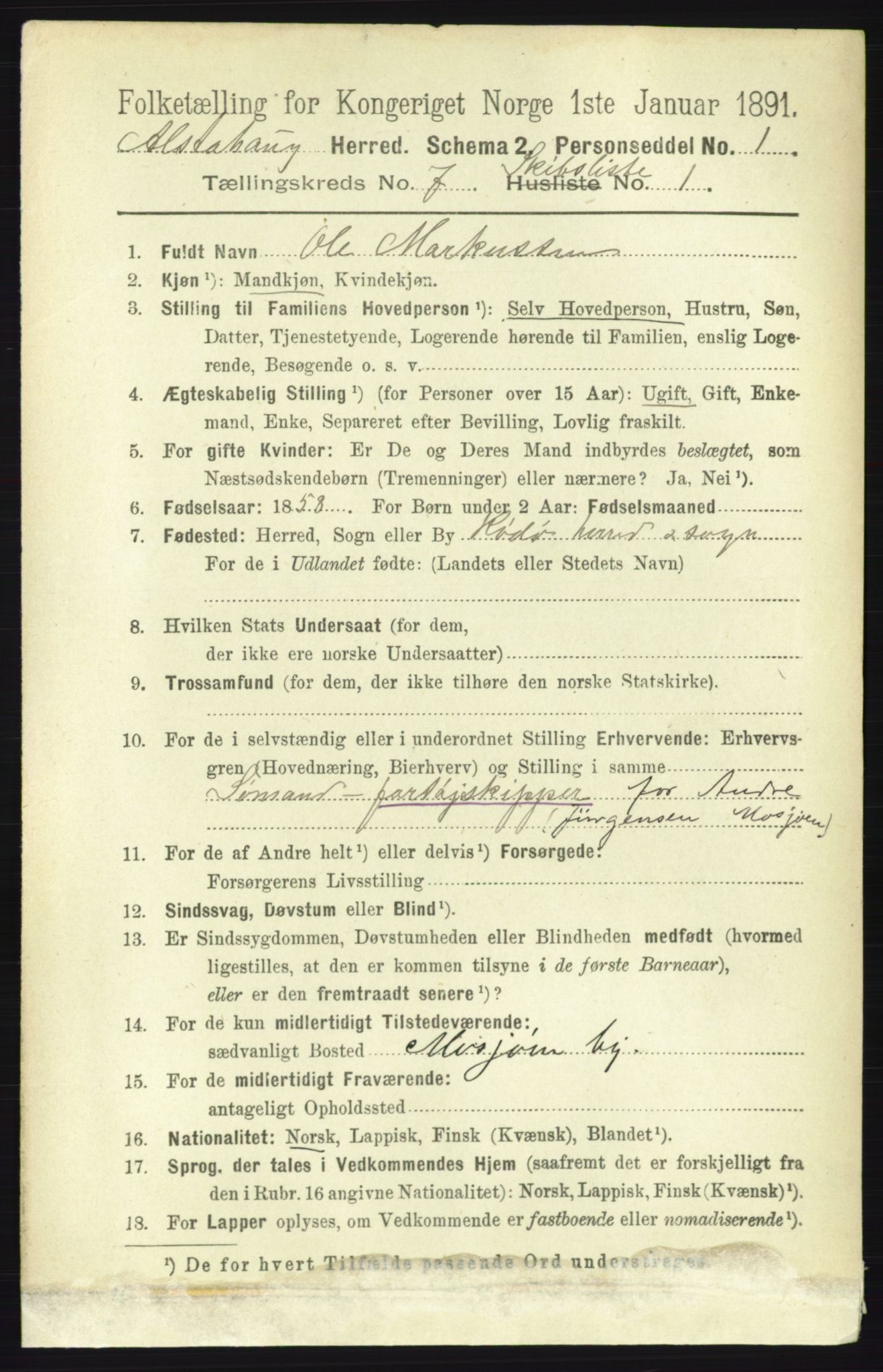 RA, 1891 census for 1820 Alstahaug, 1891, p. 5252