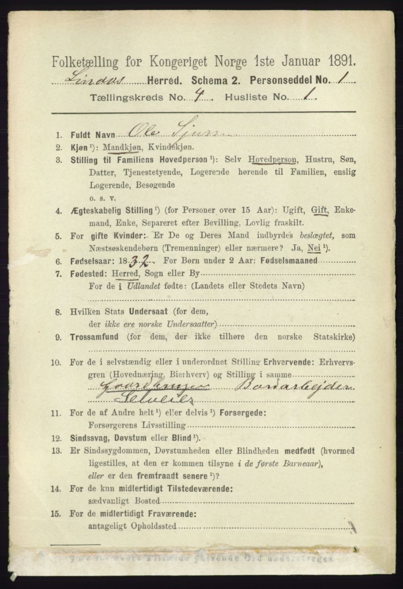 RA, 1891 census for 1263 Lindås, 1891, p. 1127