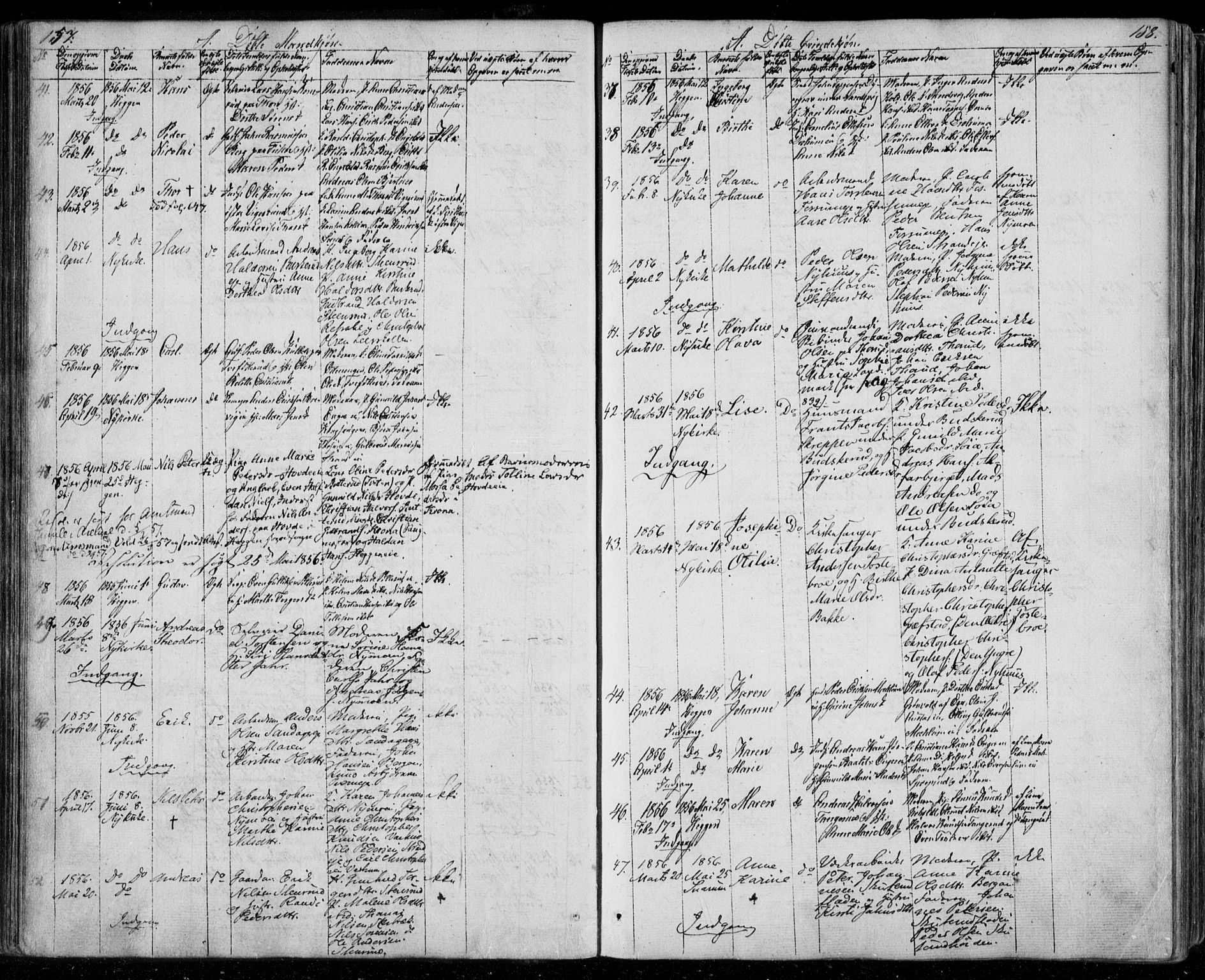 Modum kirkebøker, AV/SAKO-A-234/F/Fa/L0008: Parish register (official) no. 8, 1851-1859, p. 157-158
