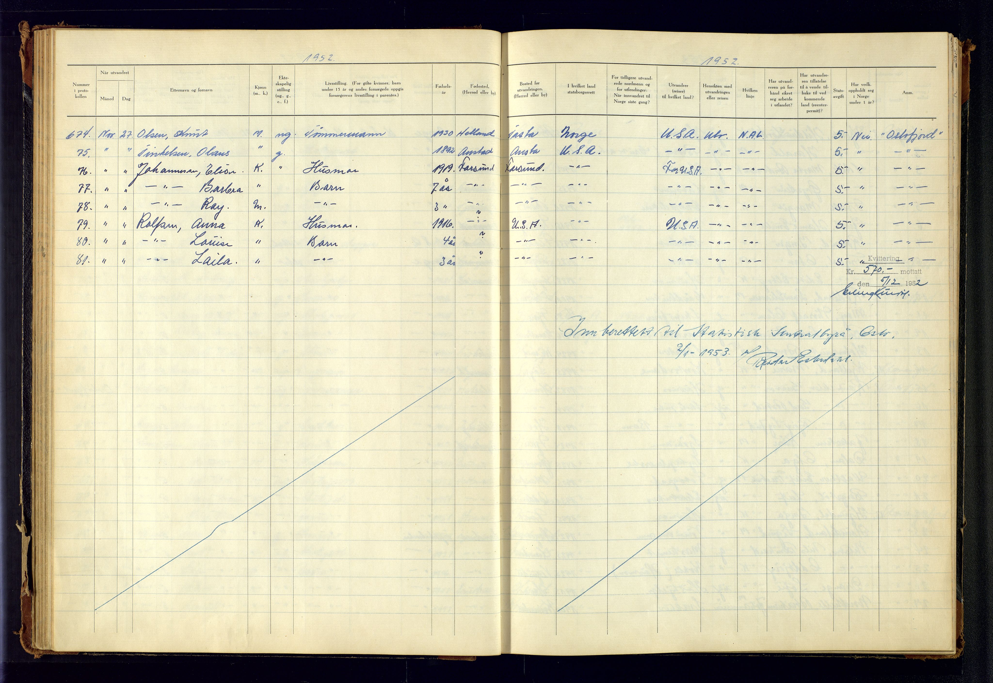 Kristiansand politikammer, AV/SAK-1243-0004/K/Kb/L0249: Emigrantprotokoll, 1951-1961, p. 46