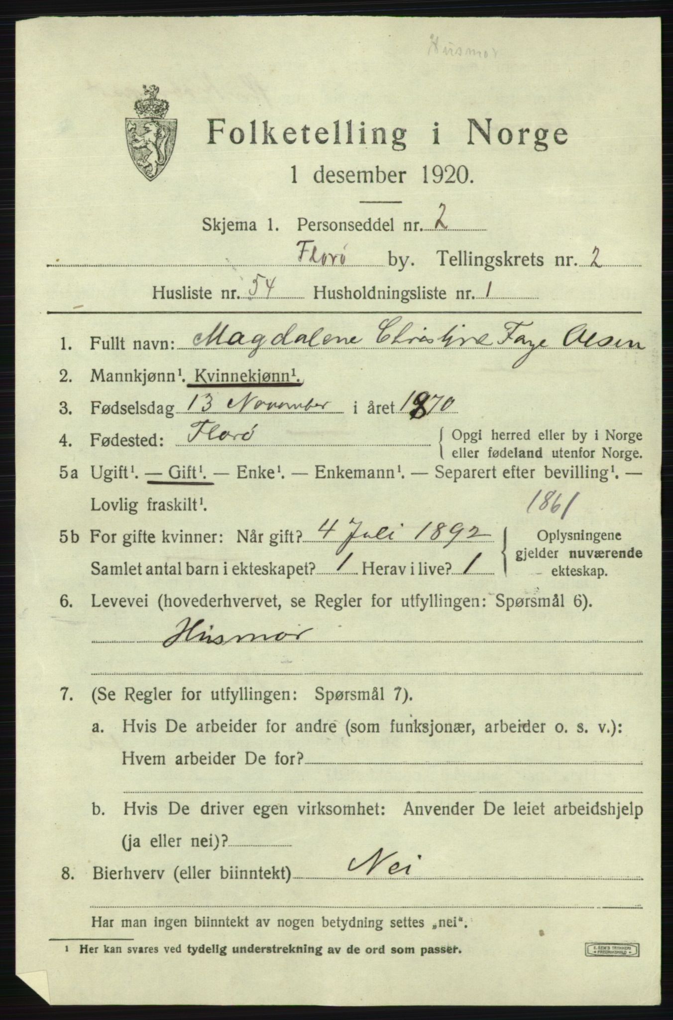 SAB, 1920 census for Florø, 1920, p. 3052