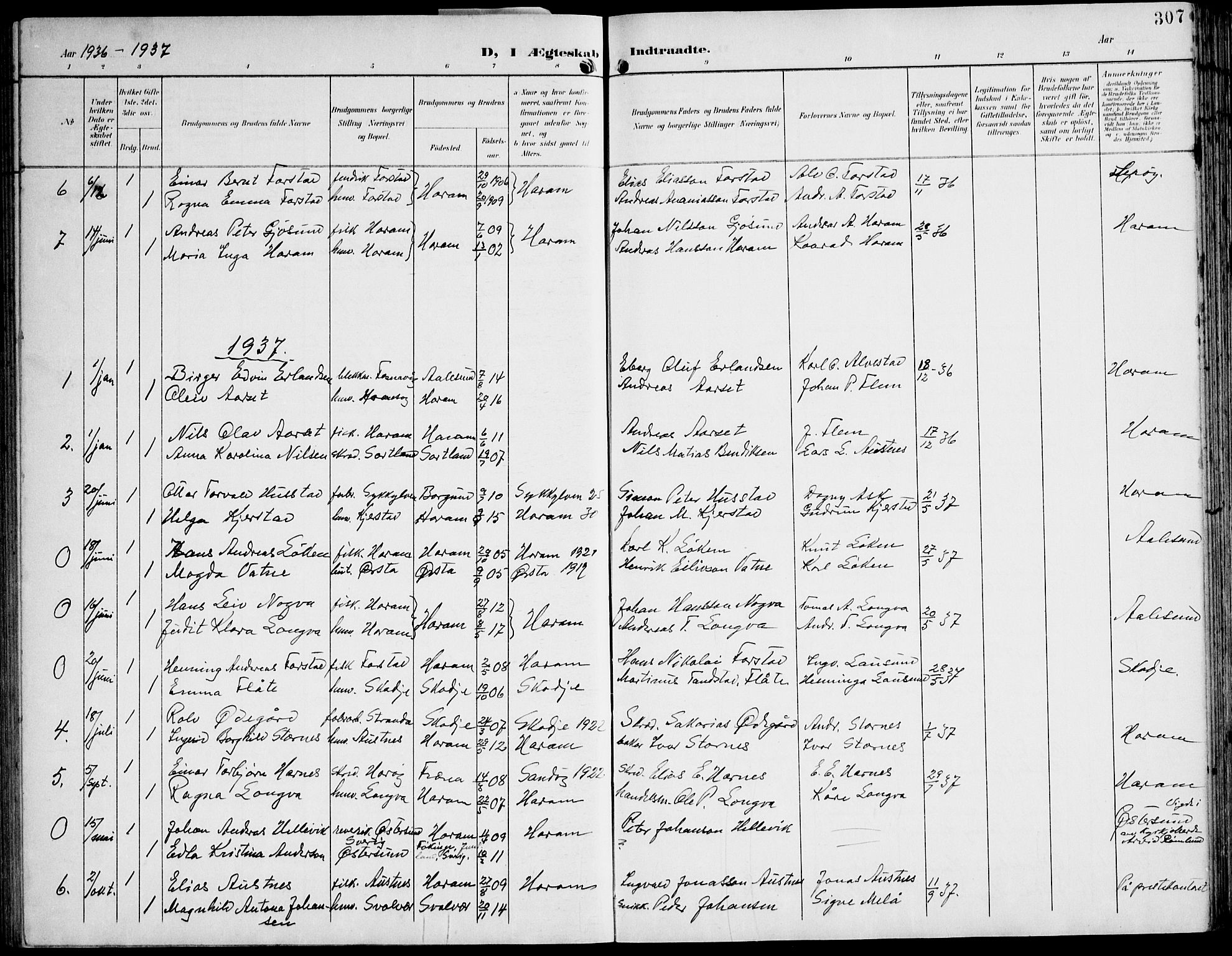 Ministerialprotokoller, klokkerbøker og fødselsregistre - Møre og Romsdal, SAT/A-1454/536/L0511: Parish register (copy) no. 536C06, 1899-1944, p. 307