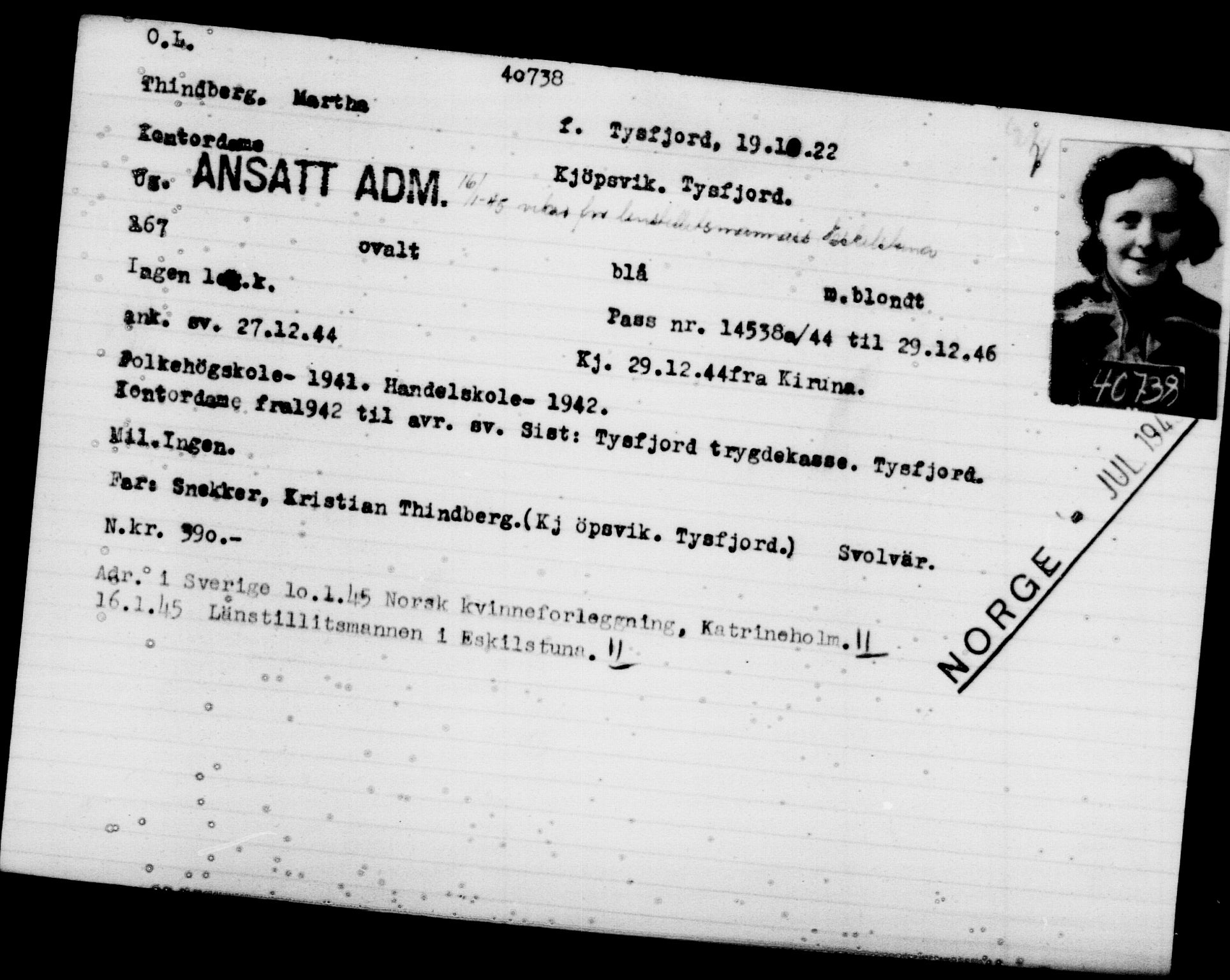 Utenriksstasjonene, Legasjonen i Stockholm, Flyktningkontoret, AV/RA-S-6753/V/Va/L0016: Kjesäterkartoteket, flyktninger med registreringsnr. 40700-43479, 1940-1945, p. 42